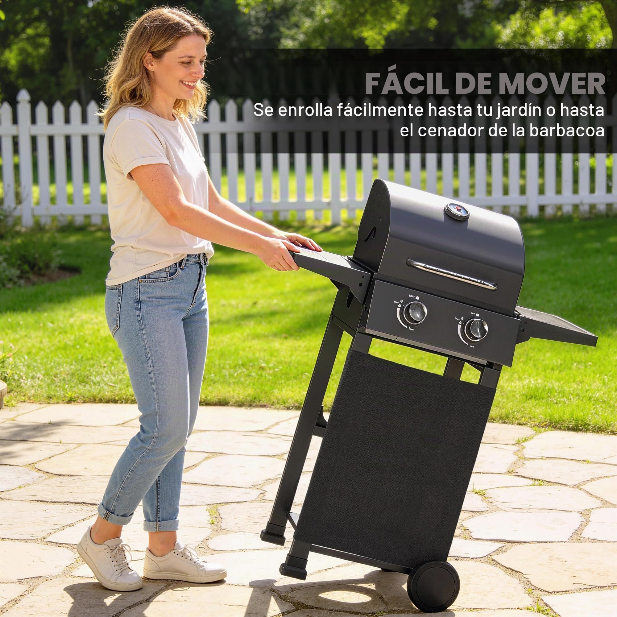 Barbacoa de gas Outsunny con 2 quemadores de 5,4 kW, barbacoa portátil de gas propano con parrilla, bandejas plegables, tapa, bandeja recogegrasa, termómetro y ruedas, para jardín exterior, color