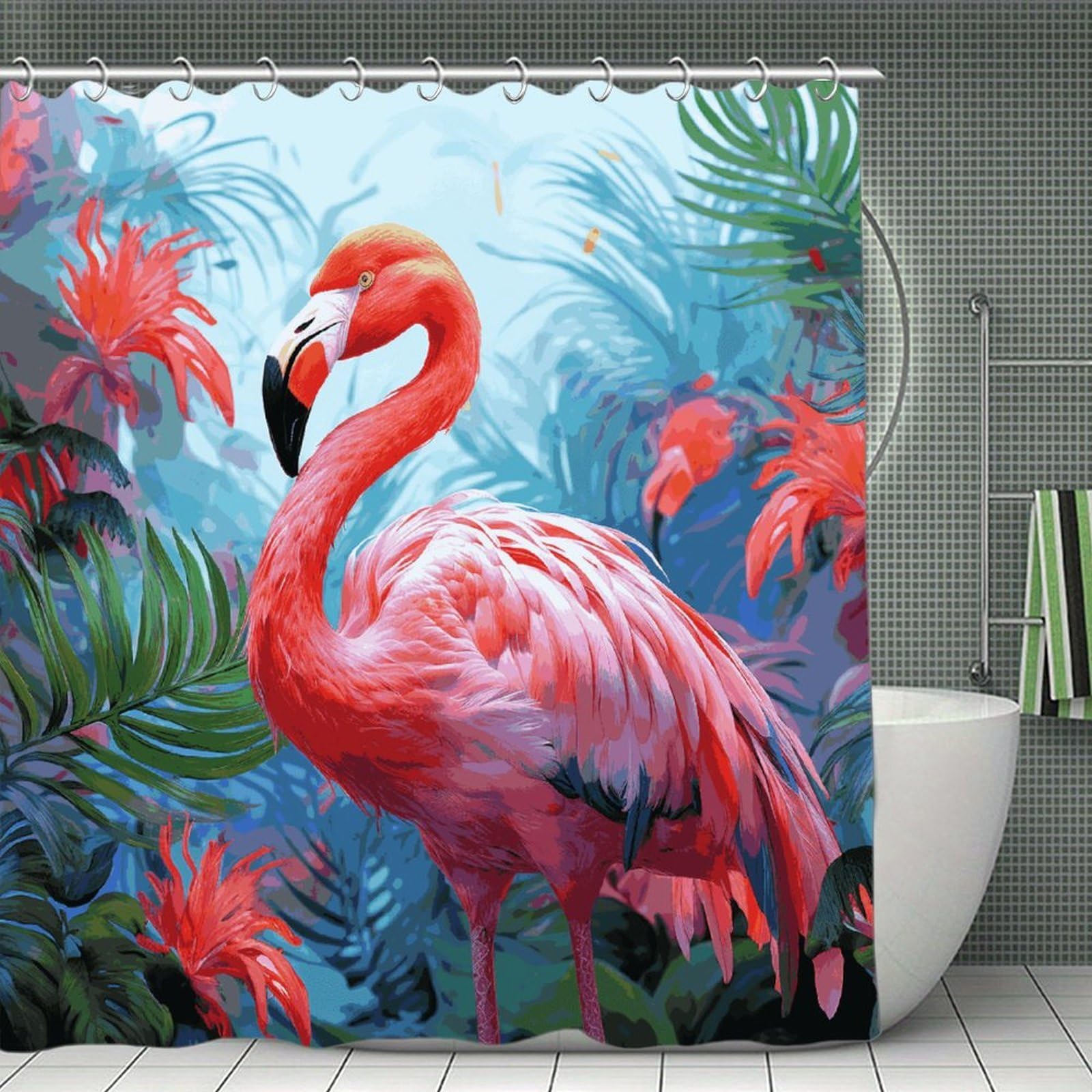 FekiLoot Painted Flamingo Shower Curtain Minimalist Thick Bathroom Curtain Washable Modern Bathroom Shower Curtain Heavy Duty Waterproof Cloth Bath Curtain with Hooks 70.8"x70.8"