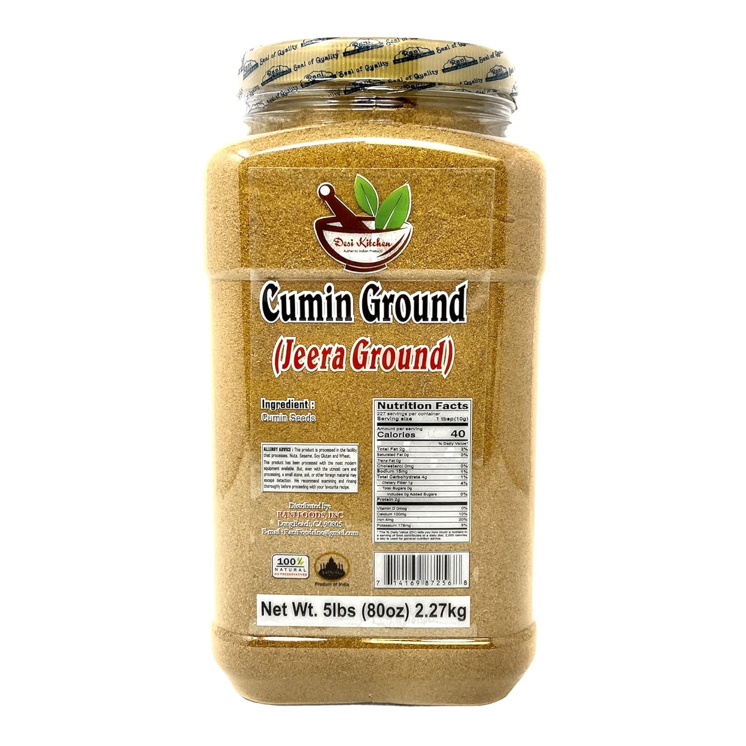 Desi Kitchen Cumin Powder Spice (Jeera) 5lbs (80oz) Pet Jar, Bulk ~ All Natural, Salt-Free, Vegan, No Colors,NON-GMO, Indian Origin