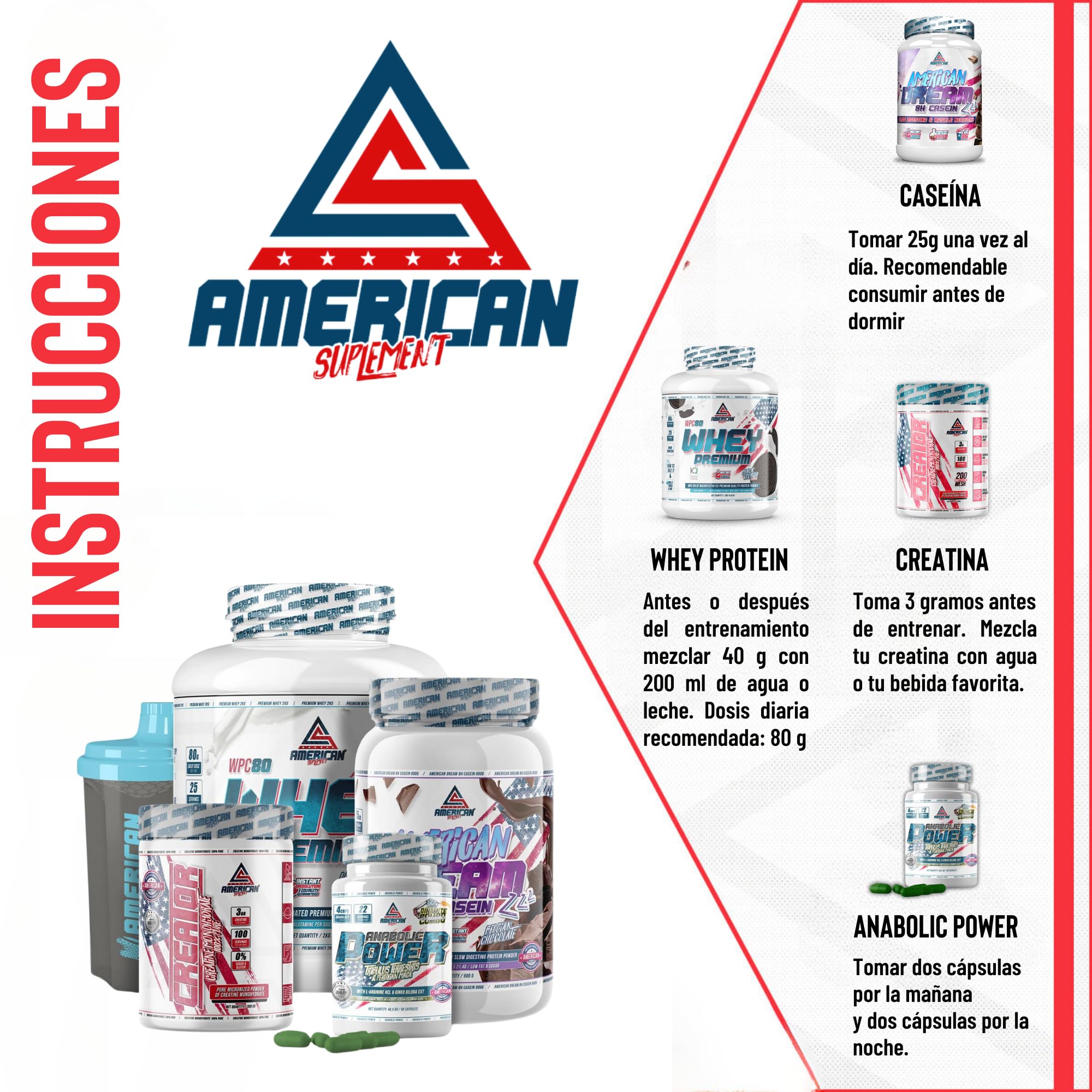 Pack Whey Protein (2kg) + Caseína (900g) + Creatina Monohidrato (300g) + Anabolic (90 cápsulas) | Aumentar Masa Muscular, el Rendimiento y Evita el Catabolismo | Shaker REGALO