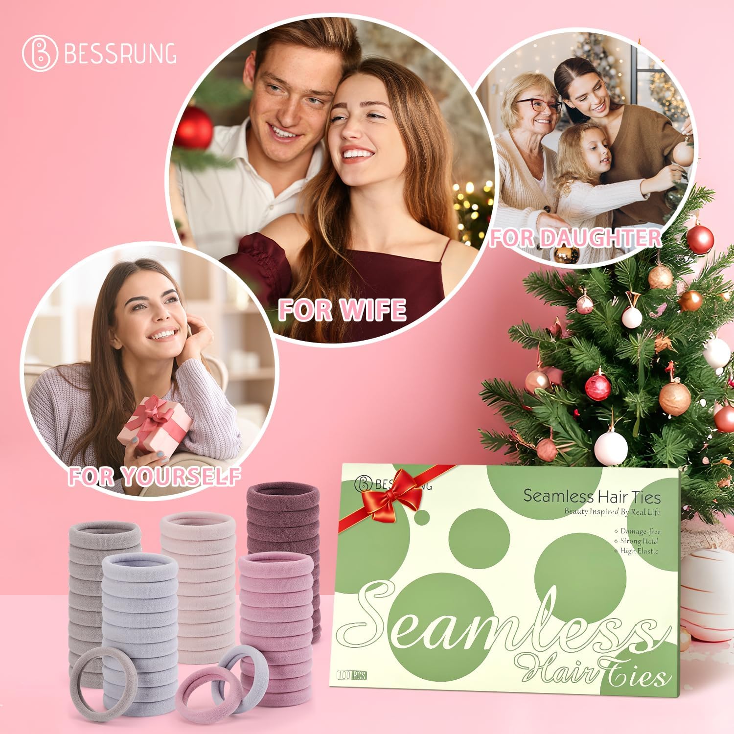 Bessrung 100 Pcs Thick Seamless Hair Ties, Ponytail Holders, Pink, No Damage for Thick Hair, Valentine's Day Valentine's Day Gift