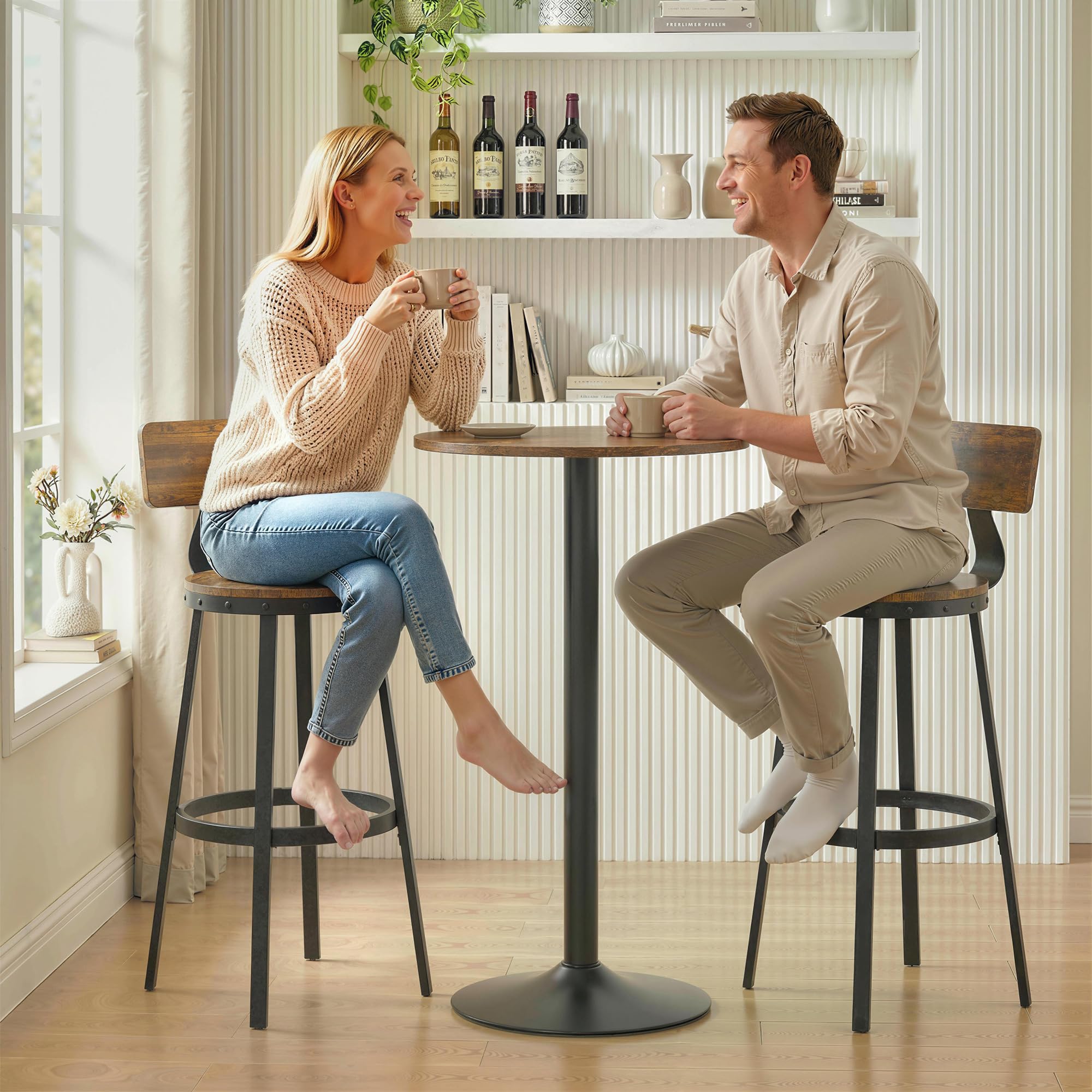 HOMCOM Set 2 Sgabelli Bar Cucina, Schienale, 73.8cm, Marrone Rustico | Industriali, Poggiapiedi, Struttura in Metallo, Sedie Alte, per Penisola, Sala da Pranzo, Bancone
