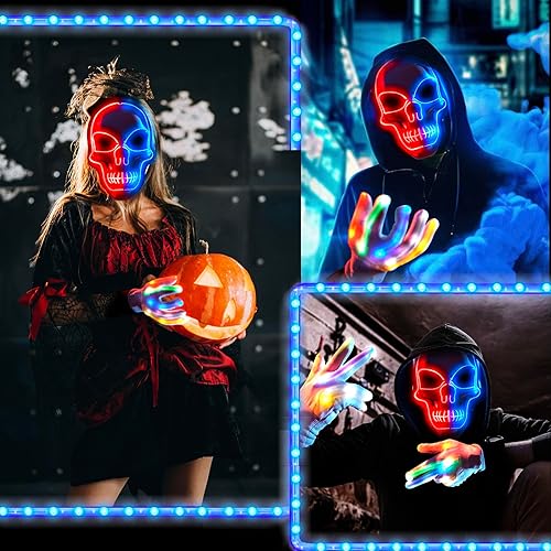 Miniatura 5 de OceanWings Máscara LED de Halloween con guantes, disfraces iluminados, máscara de miedo para suministros de fiesta