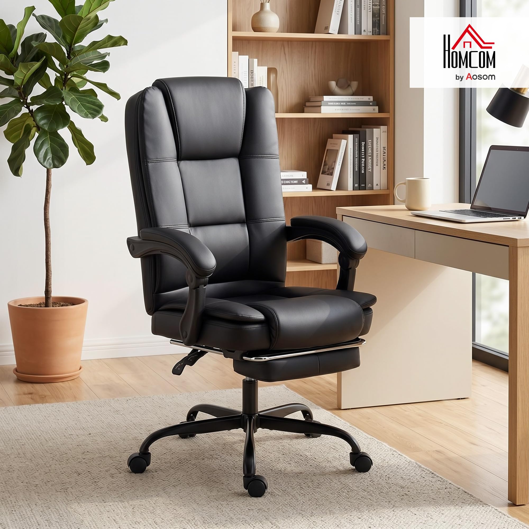 HOMCOM Chaise de Bureau Ergonomique Inclinable en PU, Repose-Pieds, Noir