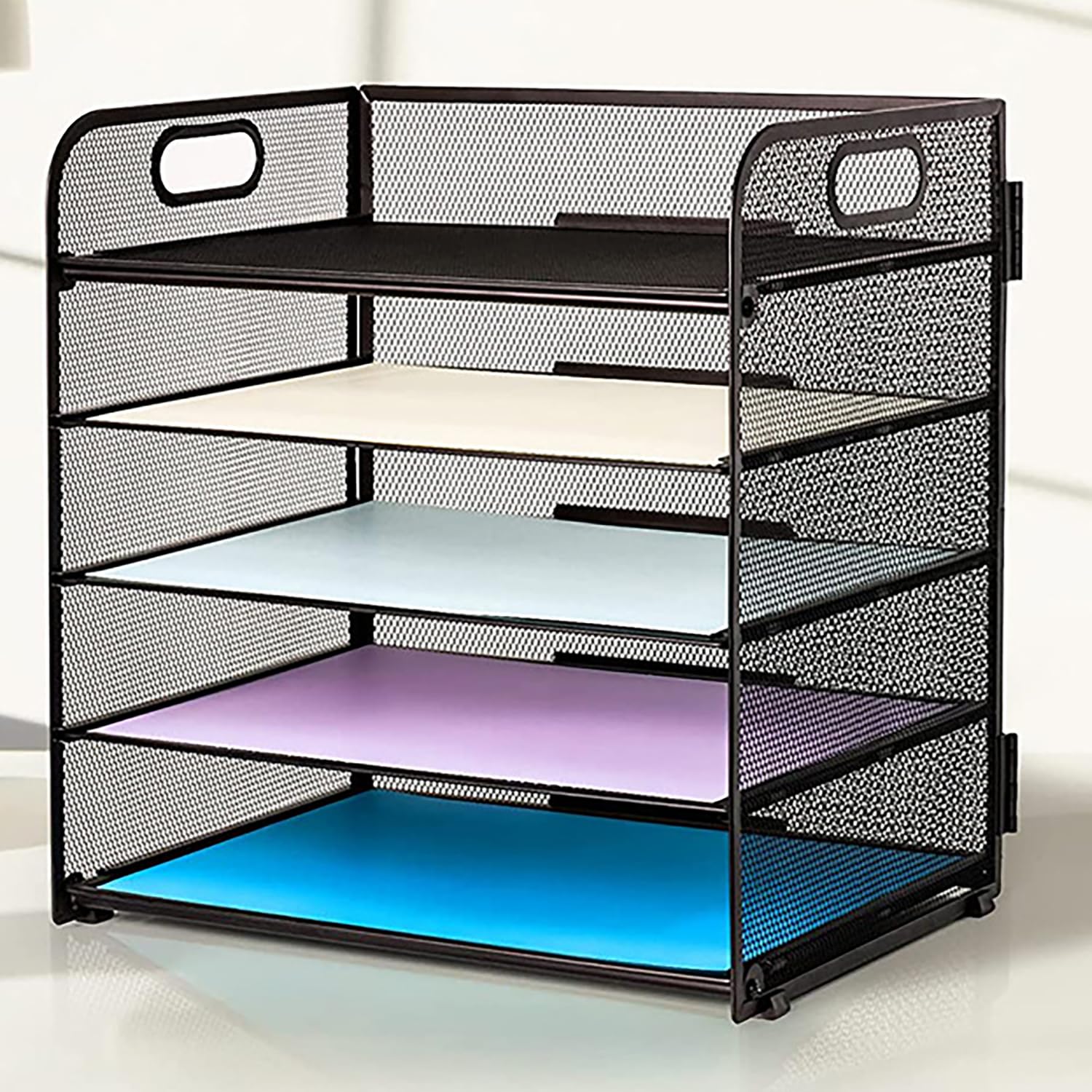Accmuzzy Organizador de escritorio de 5 niveles con cajón, bandejas de malla para documentos con asa, organizador de escritorio de metal para carta/A4, color negro (5 niveles)