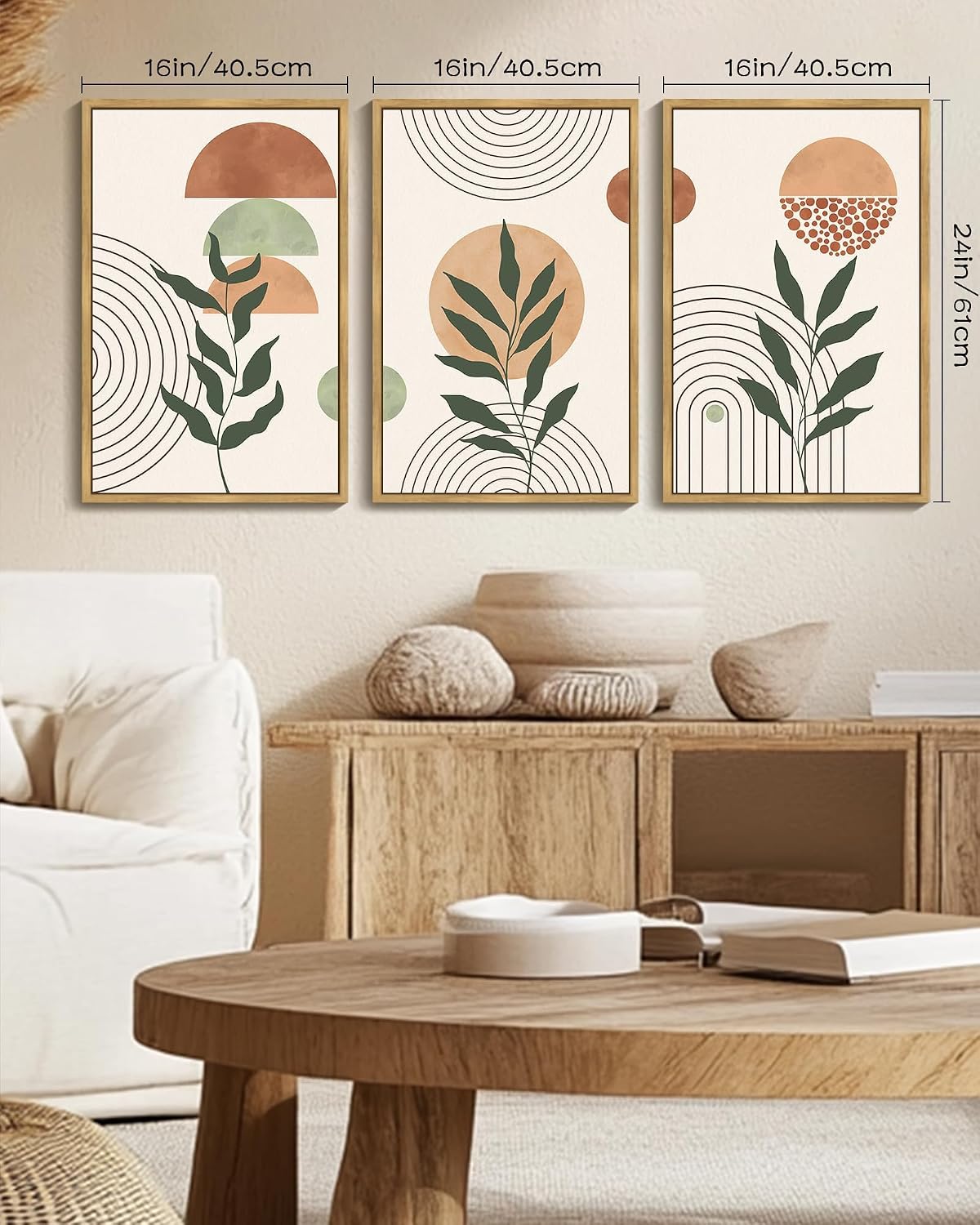 phopago boho abstract wall art 16x24in botanical mid century modern framed wall prints neutral bohemain sage decor for farmhouse home office - natural framed neutral bohemain framed 24l" x 16w" x 3 pcs natural