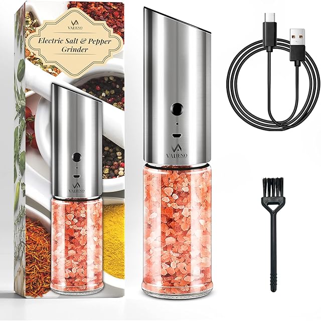 VALIENO Salt or Pepper Grinder 1 Pack, USB Rechargeable One-Handed Operation with Adjustable Coarseness, Stainless Steel, Refillable Gravity Electric Mill with LED Light & Compact Design