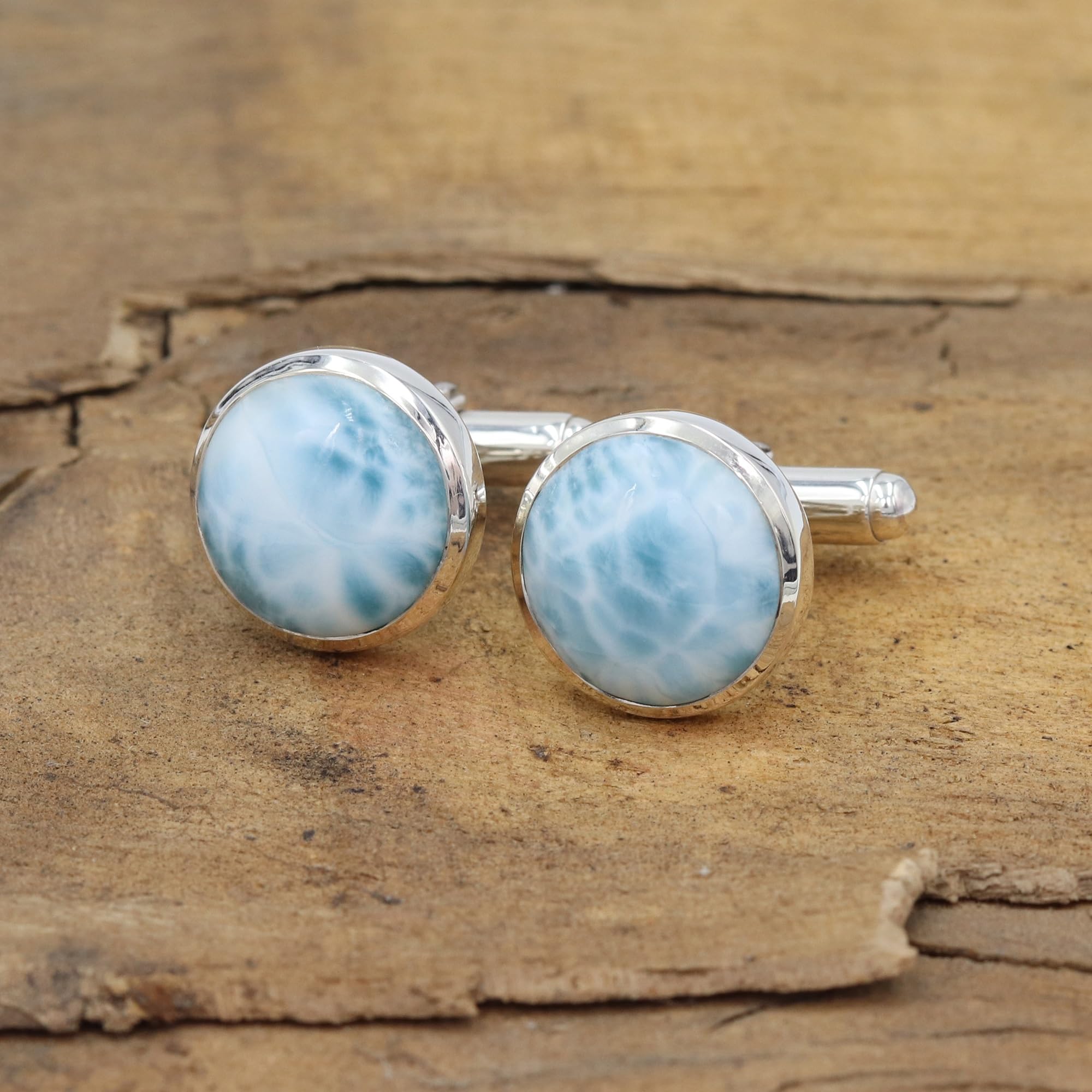 Larimar-Manschettenknöpfe, Schmuck für Männer, 925er Sterlingsilber, Manschettenknöpfe für den Bräutigam, einzigartiges Geschenk, Manschettenknöpfe aus natürlichem Edelstein
