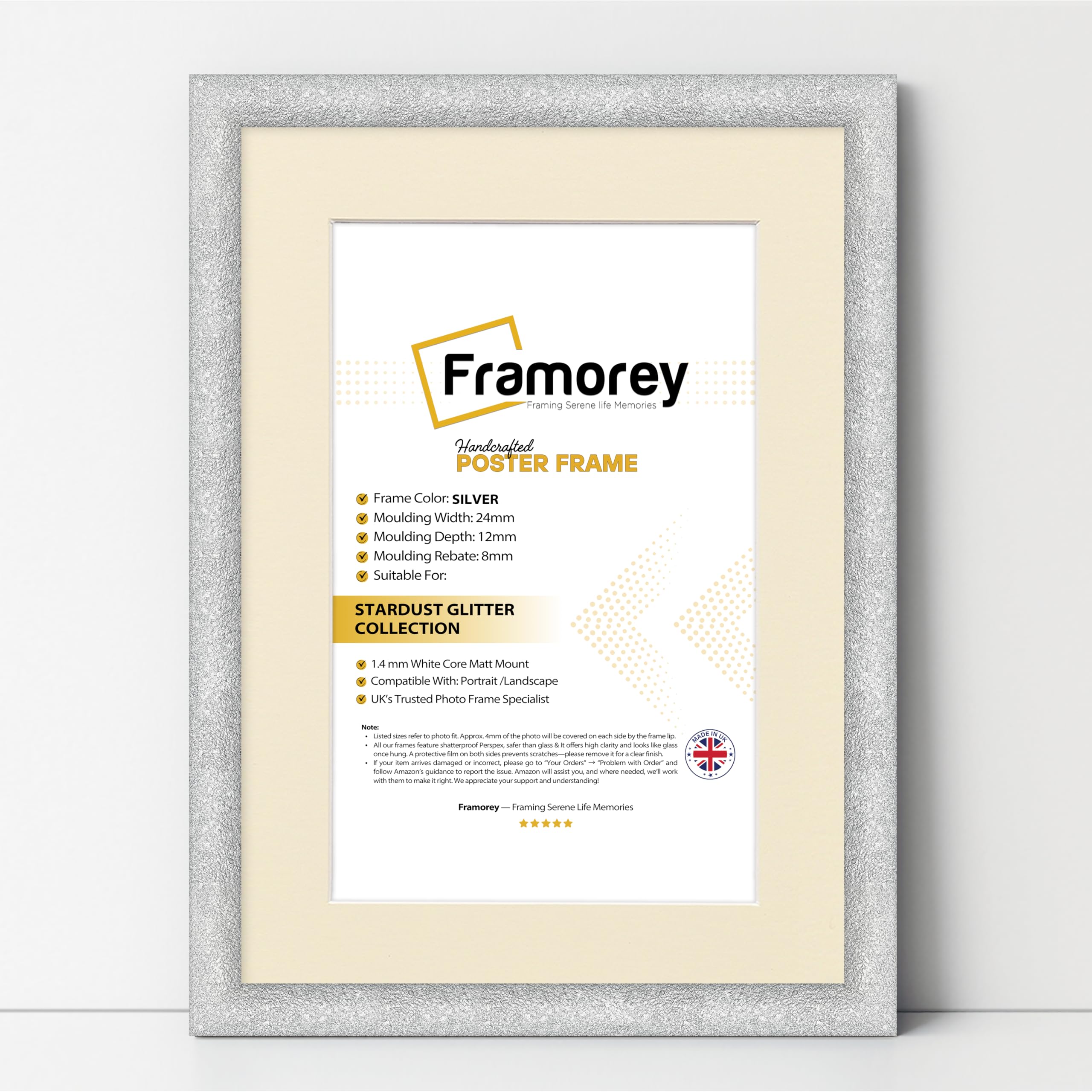Framorey Framing Serene Life Memories Silver With Ivory Mount Framorey Glitter Sparkle Picture Frame, 40X50cm Size Silver Photo Frame With 30X40cm Size Ivory Mount, Wall Hanging Oxford Poster Frames