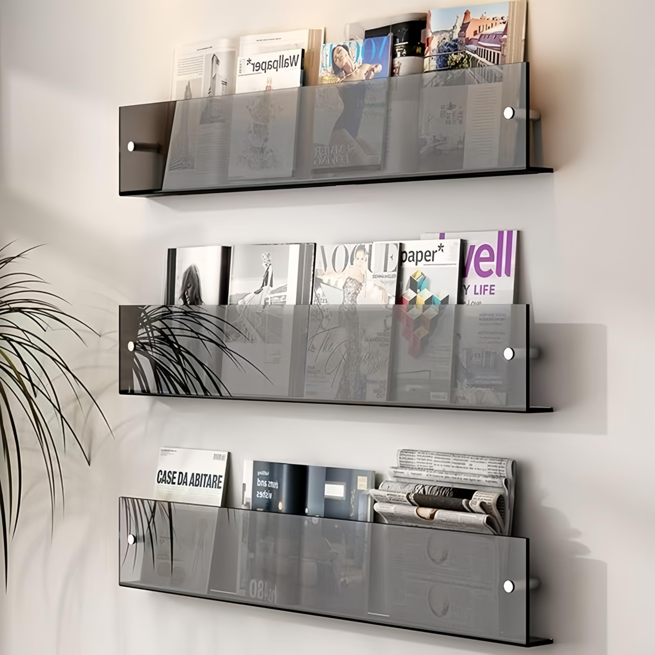 2 Stück Acryl regalZeitschriftenhalter wand,Wand-hängendes Bücherregal für die Ausstellung von Zeitschriften im Wohnzimmer-Büro mit Montagepaket (Blau, 60cm)