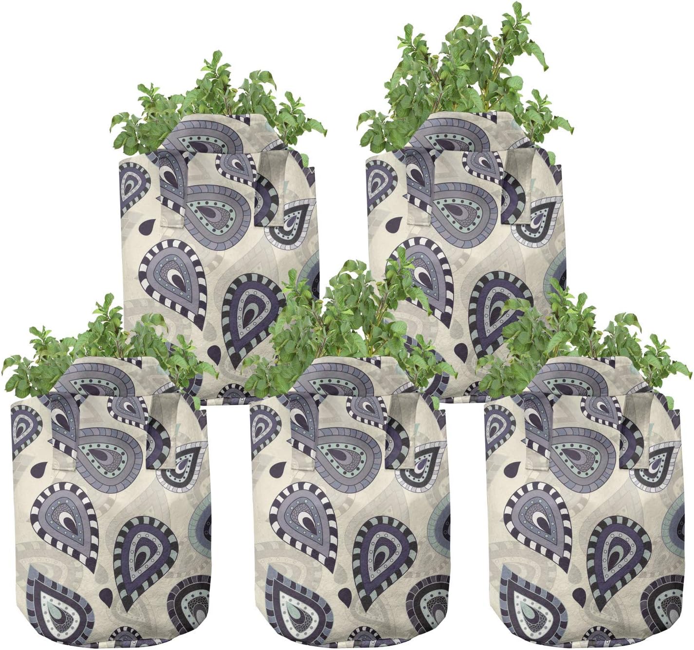 Ambesonne Ethnic Grow Bags 5-Pack, Moroccan Paisley Motif Print, Heavyduty Fabric Pots with Handles for Plants, Multicolor