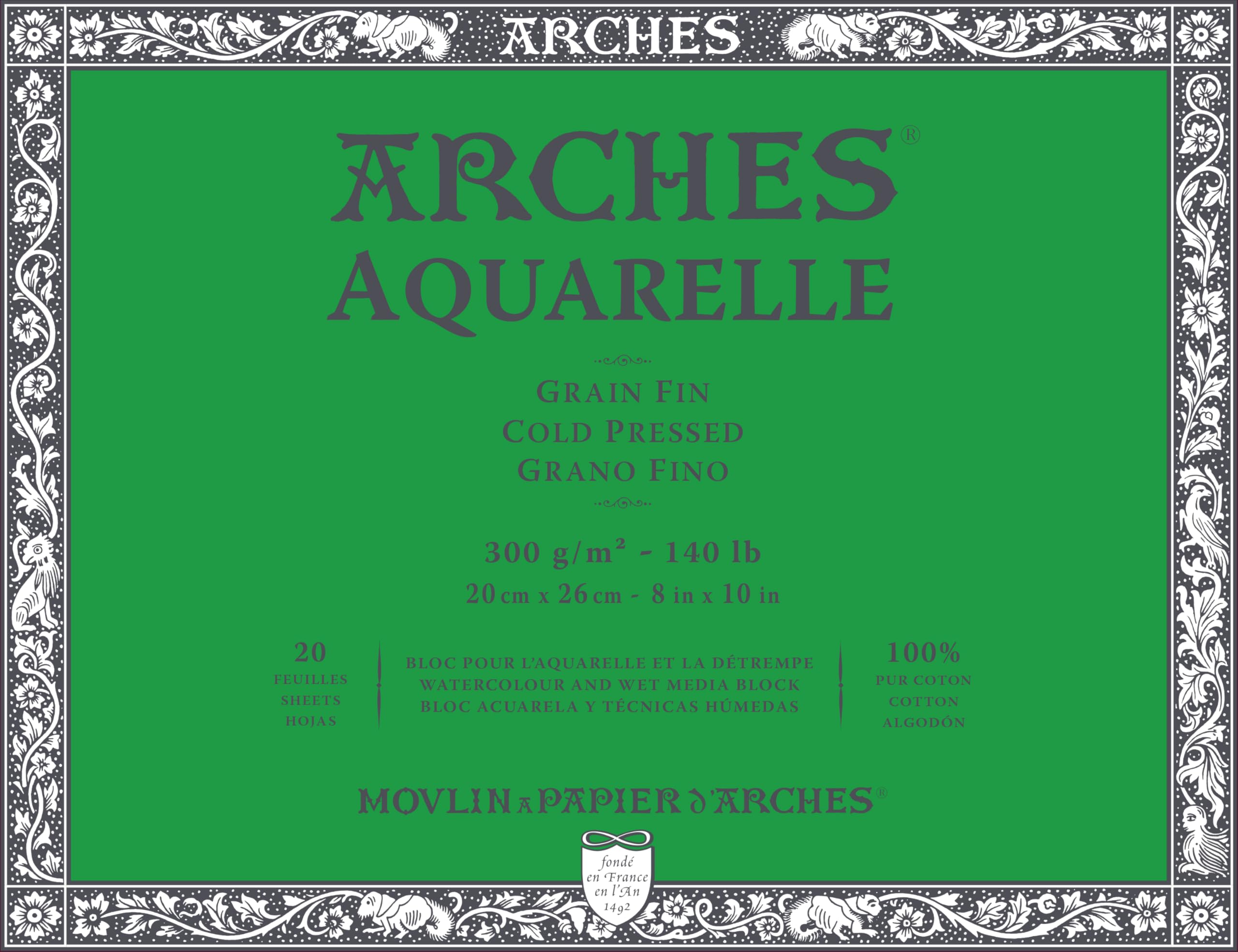 Arches 1711599 sulu boya bloğu, 20 yaprak sulu boya kağıdı, doğal beyaz, 300 g/m², yüksek renk haslığı, eskimeye karşı dayanıklı, ince taneli, 20 x 26 cm