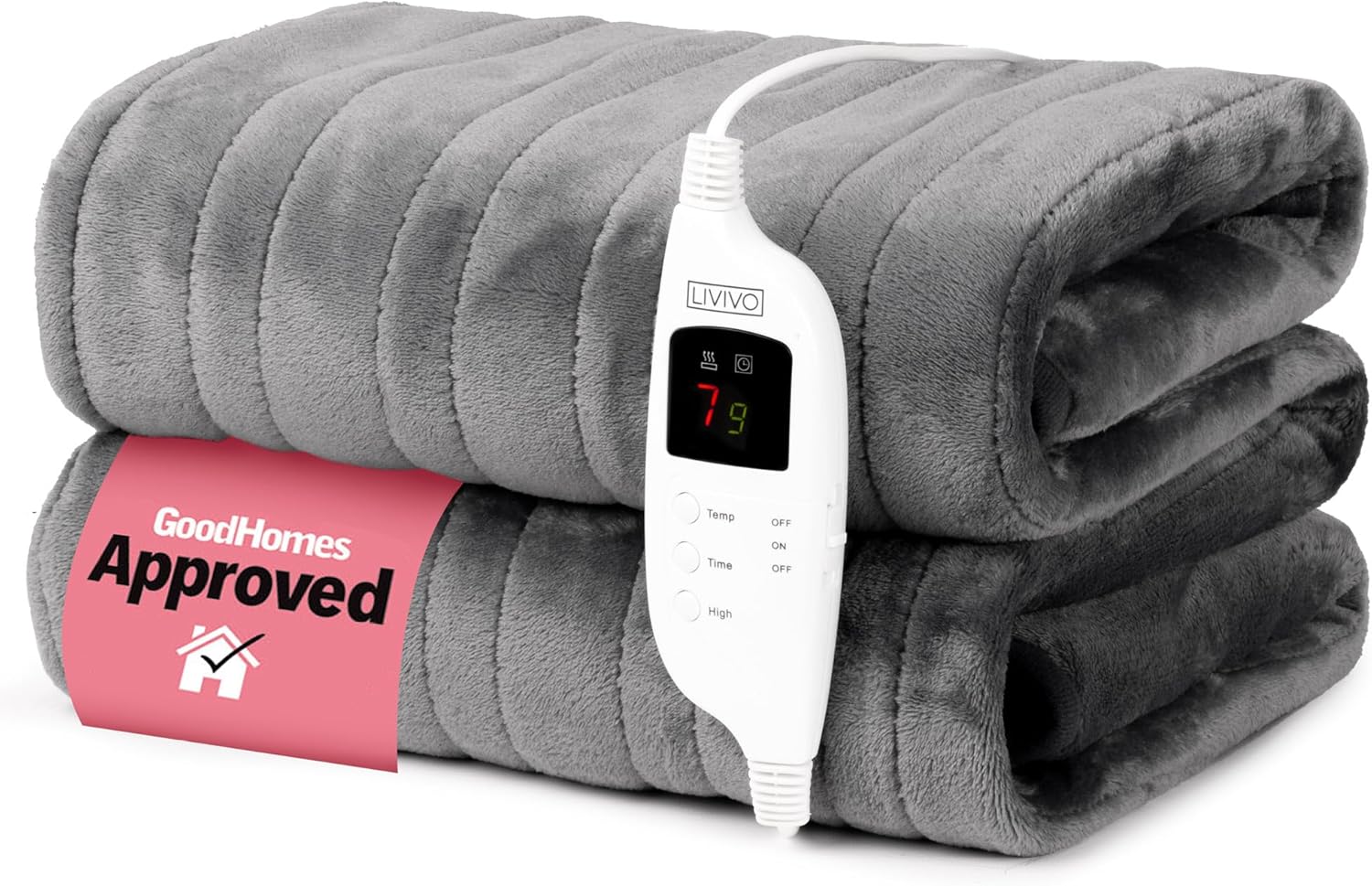 LIVIVO Electric Heated Blanket, 160x130cm – Ultra Soft Fleece Electric Over Blanket Throw with 9 Heat Settings, Timer, Auto Shut-Off – Energy Efficient & Machine Washable - Grey