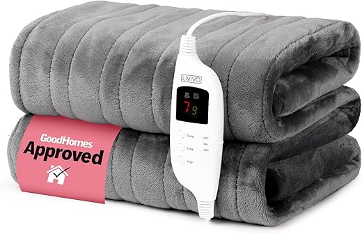 LIVIVO Electric Heated Blanket, 160x130cm – Ultra Soft Fleece Electric Over Blanket Throw with 9 Heat Settings, Timer, Auto Shut-Off – Energy Efficient & Machine Washable - Grey