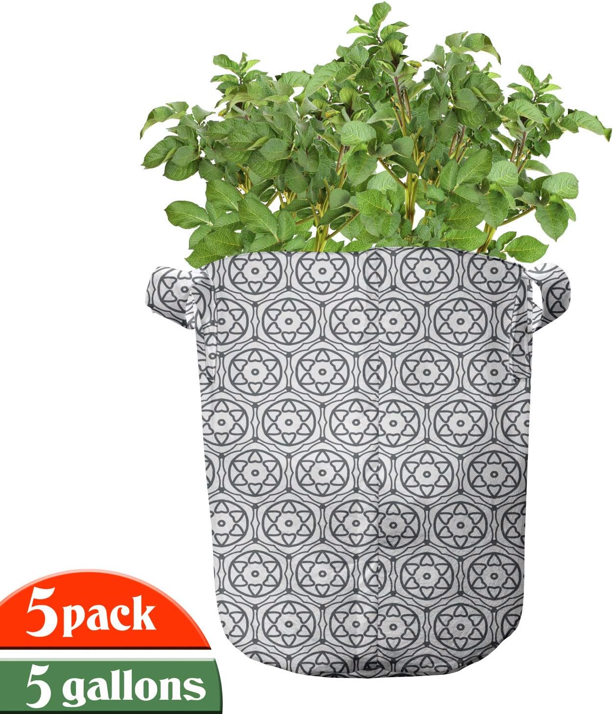 Ambesonne Abstract Grow Bags 5-Pack, Floral Like Ornates Art, Heavyduty Fabric Pots with Handles for Plants, 5 Gallon, White Dark Slate Blue