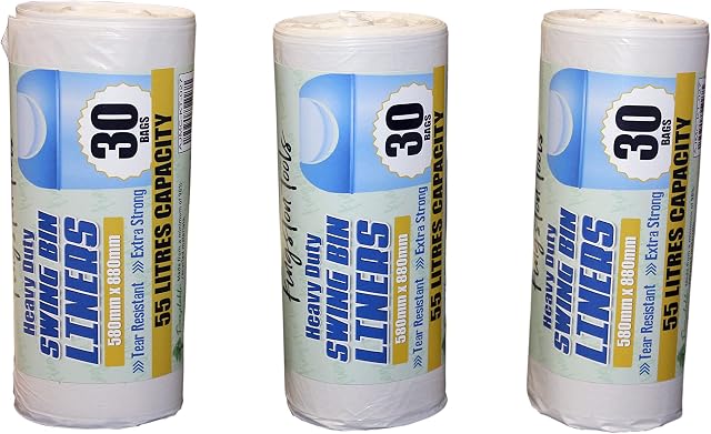 Kingston Tools Heavy Duty Swing Bin Liners  Custom Fit Wheelie Plastic Trash Bags  Rubbish Dustbin Bags Garbage Bag  Thick and Extra Strong - 55 Litre Capacity, White, 3 Packs of 30