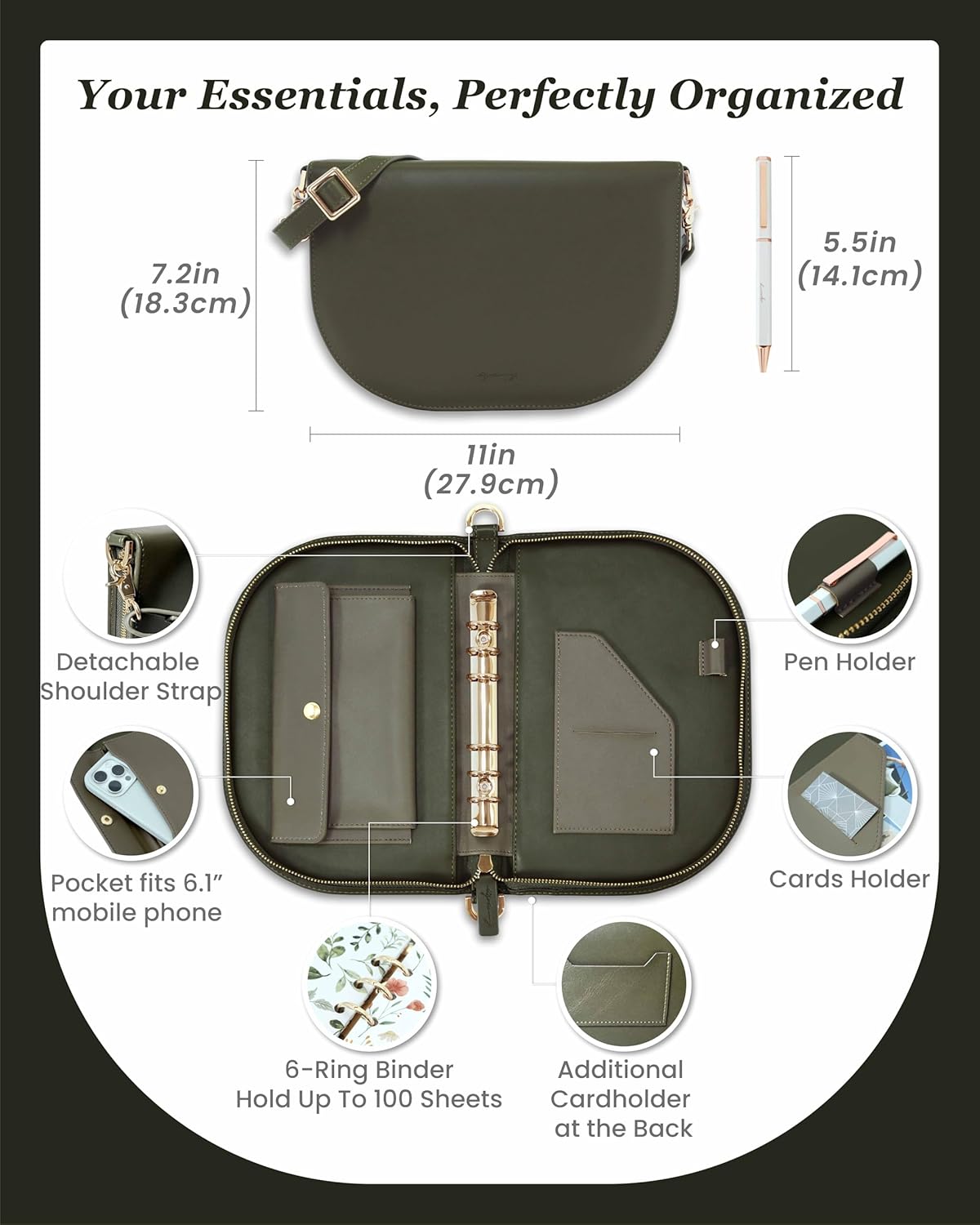 EGOSUNNY®The Luna Leather Journal, A6 6-Ring Refillable Binder (4.9" x 7.4") with 3 Detachable Notebooks and Metal Ballpoint Pen – Convertible Shoulder Bag – Planner for Work, School & Personal Use