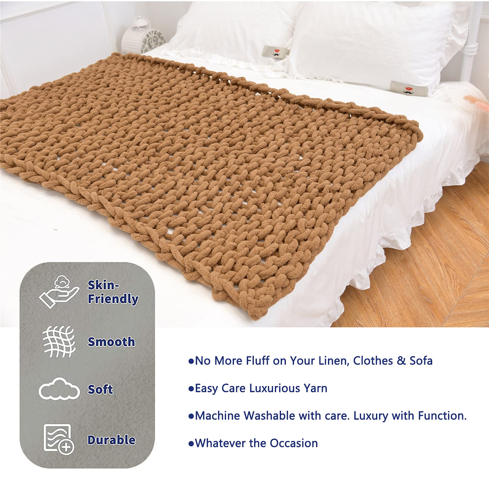 Manta acogedora de punto grueso, manta de felpilla suave tejida a mano para cama, sofá, silla y oficina, decoración del hogar, lavable a máquina, 70 x 80 pulgadas (camello)