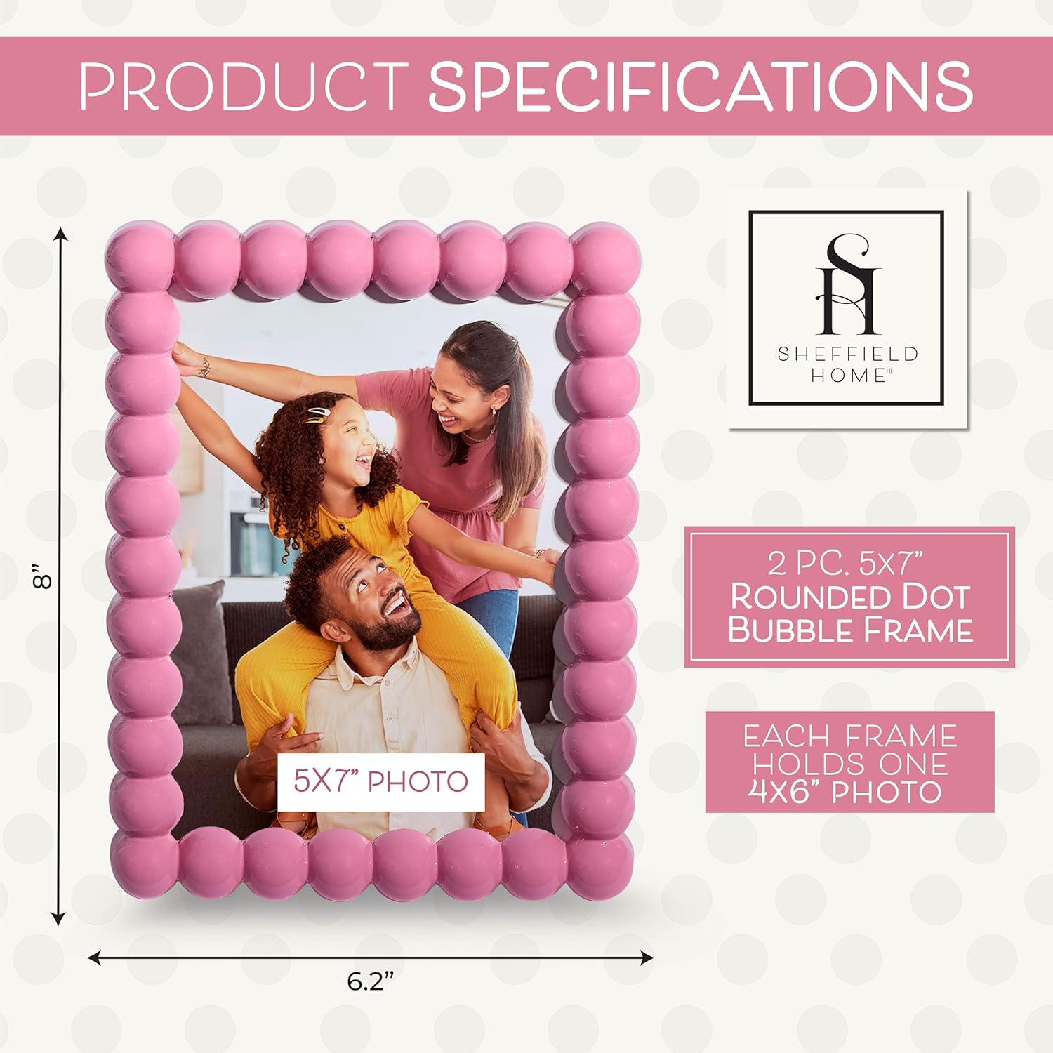 Sheffield Home Scalloped Edge Rounded Dots 5x7 Photo Frame, Decorative Cottage Living Picture Frame, 2 Pack, Rose