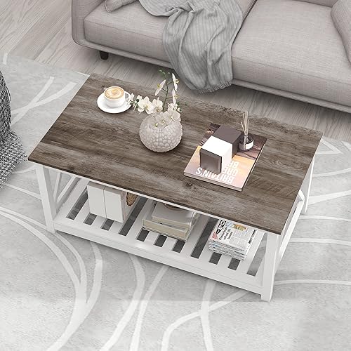 Miniatura 3 de UYIHOME Mesa de centro rústica con almacenamiento mesa de cóctel rectangular de madera de 2 niveles con estante de listones y marco en forma de V