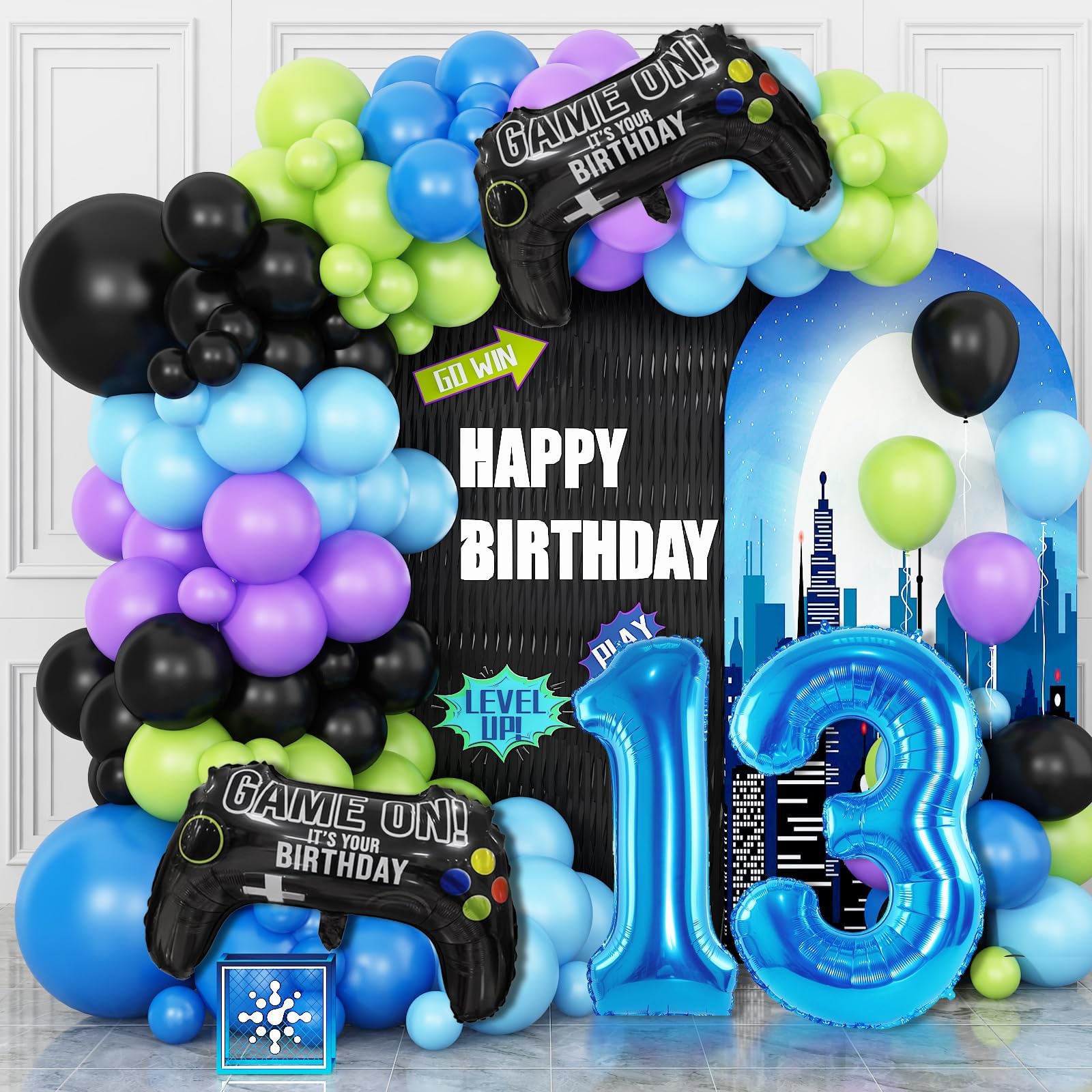 13th Video Game Balloons Arch, 13th Game Party Balloons Garland Kit 13th Birthday Supplies with Blue Number 13 Foil Balloons for 13 Year Old Teens