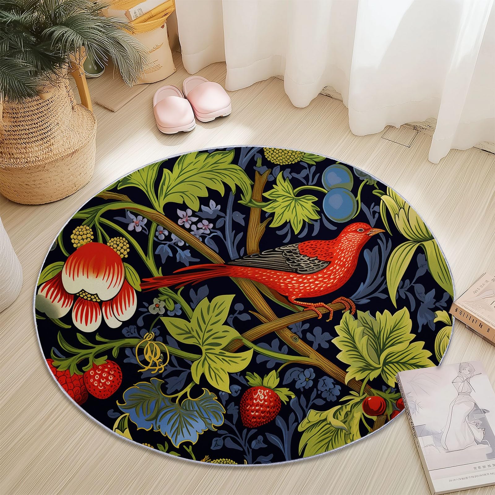 Tapis lavable qui ne glisse pas grand tapis rond bleu foncé imprimé oiseaux