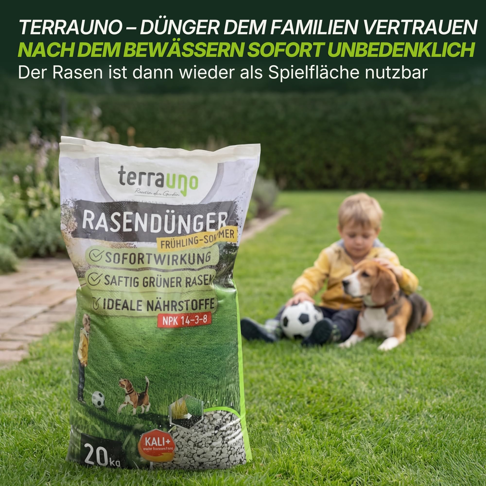 TerraUno Rasendünger Frühjahr/Sommer I Sofortwirkung für saftiges grün I 20 kg für 1000 m² I gesunder Rasen verdrängt Moos und Unkraut I NPK Dünger Rasen I Gegen Trockenstress I Für den Streuwagen