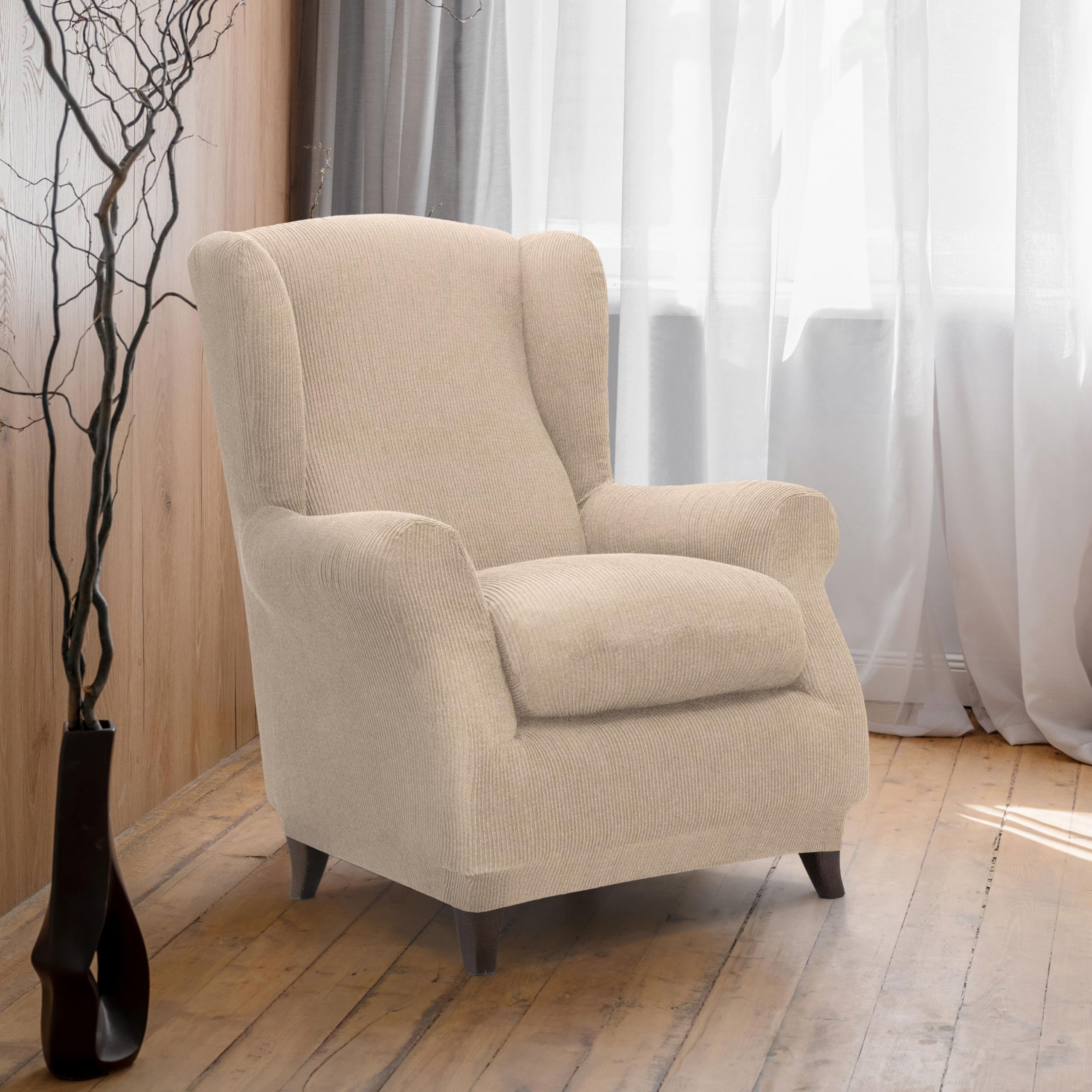 Fodera Elastica Per Poltrona Con Paraorecchie Modello NOVELE - Marrone, Tessuto Jacquard In Cotone Riciclato, Universale Da 70 A 100 Cm, 1 Posto