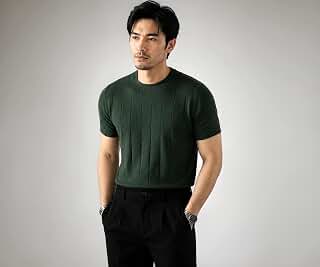 Men's Beige Textured Knit T-Shirt | Premium Soft Knit Fabric | Round Neck | Short Sleeve | Regular Fit Casual Summer Sweater Tee for Men