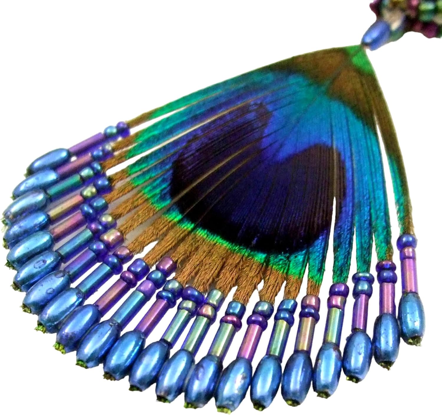 Iridescent Peacock Feather Necklace, Hand Beaded Blue Color Beads Peacock Feather Pendant Necklace for Women, Handmade Feather Necklace Jewelry BA330-1 - Image 3