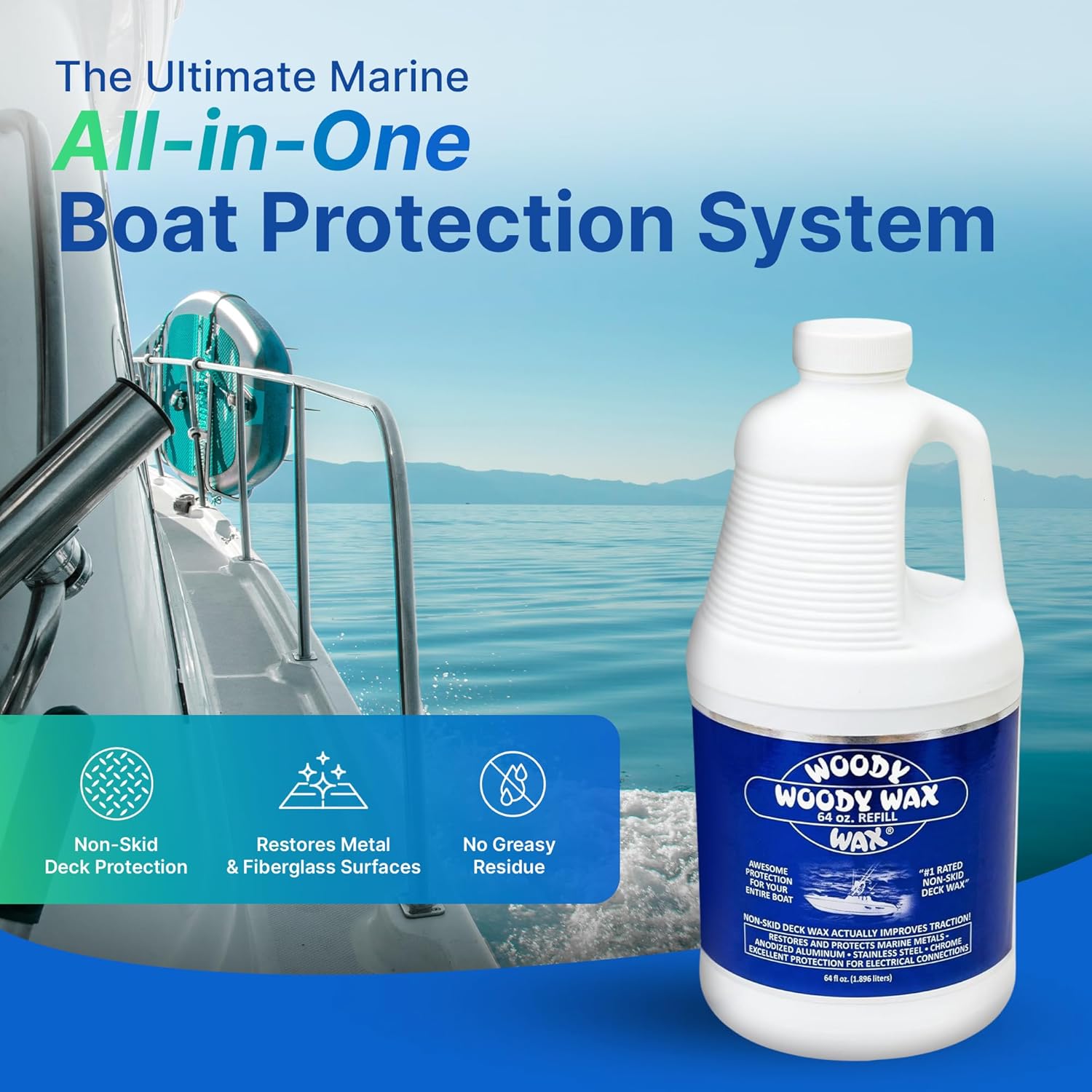 Woody Wax Boat Protection Refill Pack, Non-Skid Deck Wax & Professional Metal Restorer, All-In-One Marine Protection for Decks, Hulls & Towers; No-Buff Formula Against Corrosion & Saltwater, 64 oz