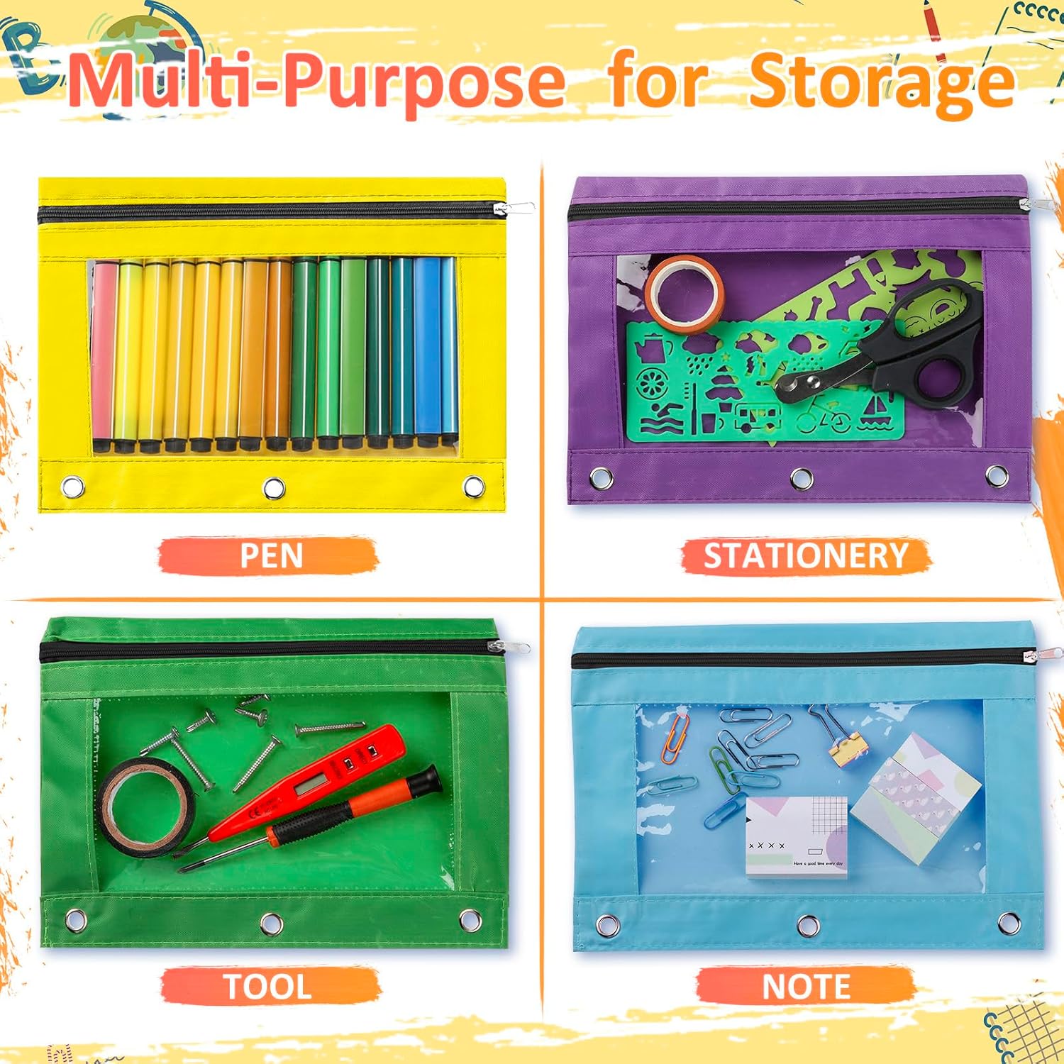 Marspark 48 PCS Pouch Bag for 3 Ring Binder - Bulk Zipper Pencil Binder Pouches with Clear Window for Utensils Storage Supplies(Bright Color)