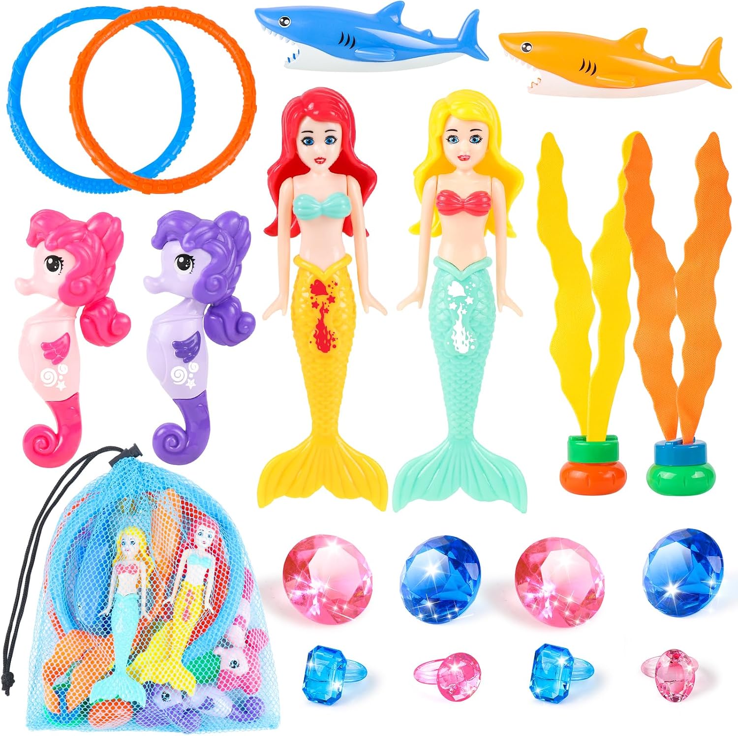 HUUIDY 19 Pcs Mermaid Pool Toys with Diving Gems, Gift for Kids Age 3-8
