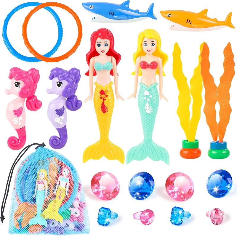 19 Pcs Mermaid Pool Toys with Diving Gems, Gift for Kids Age 3-8 | Dive Rings, Sinking Toys, Mesh Bag for Pool Games, Swimming Training, Beach Play, Bath Time, Multi-Scene Outdoor Play Fun