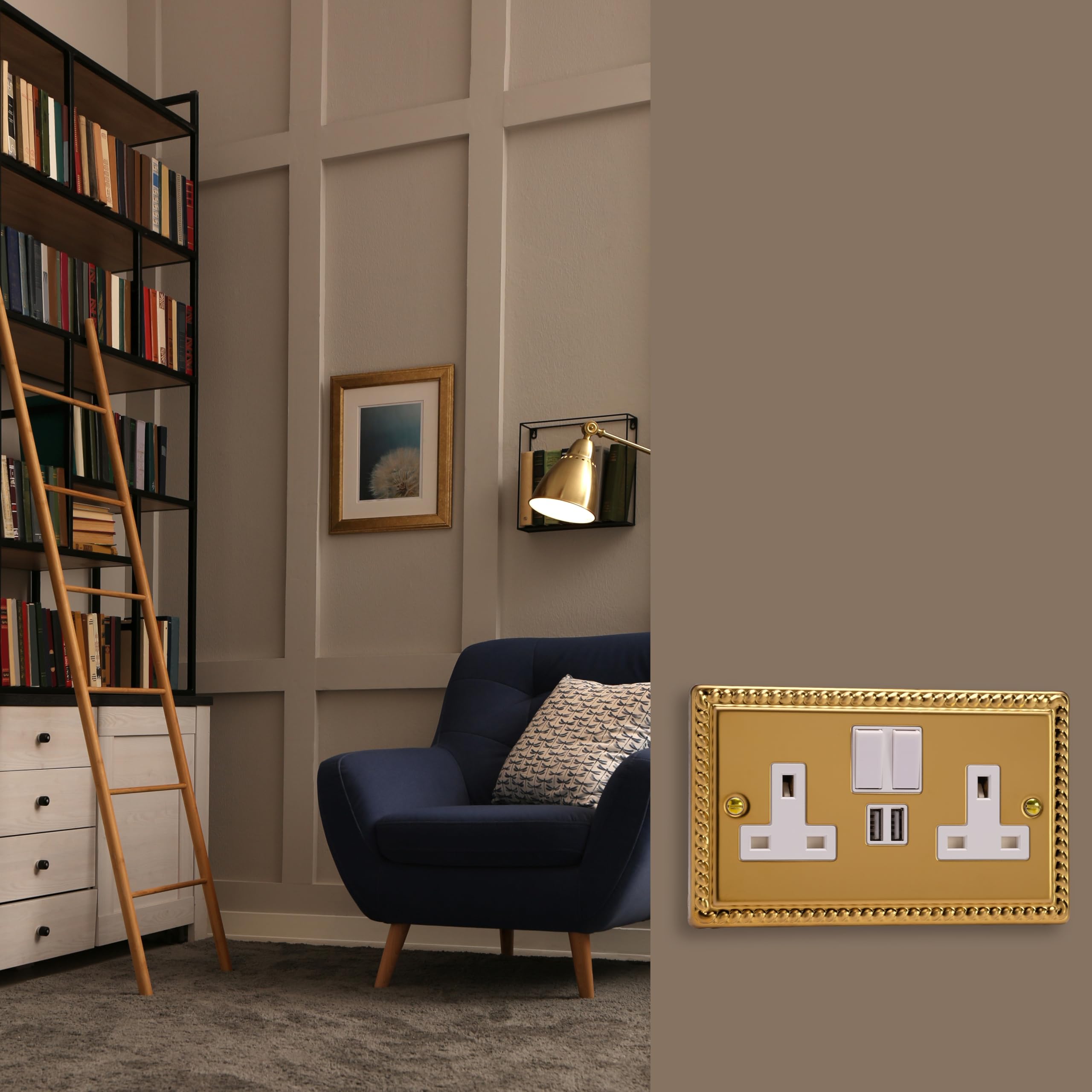 Varilight Double Switched Socket With USB Charging - Classic Georgian Brass With White Insert - Image 2