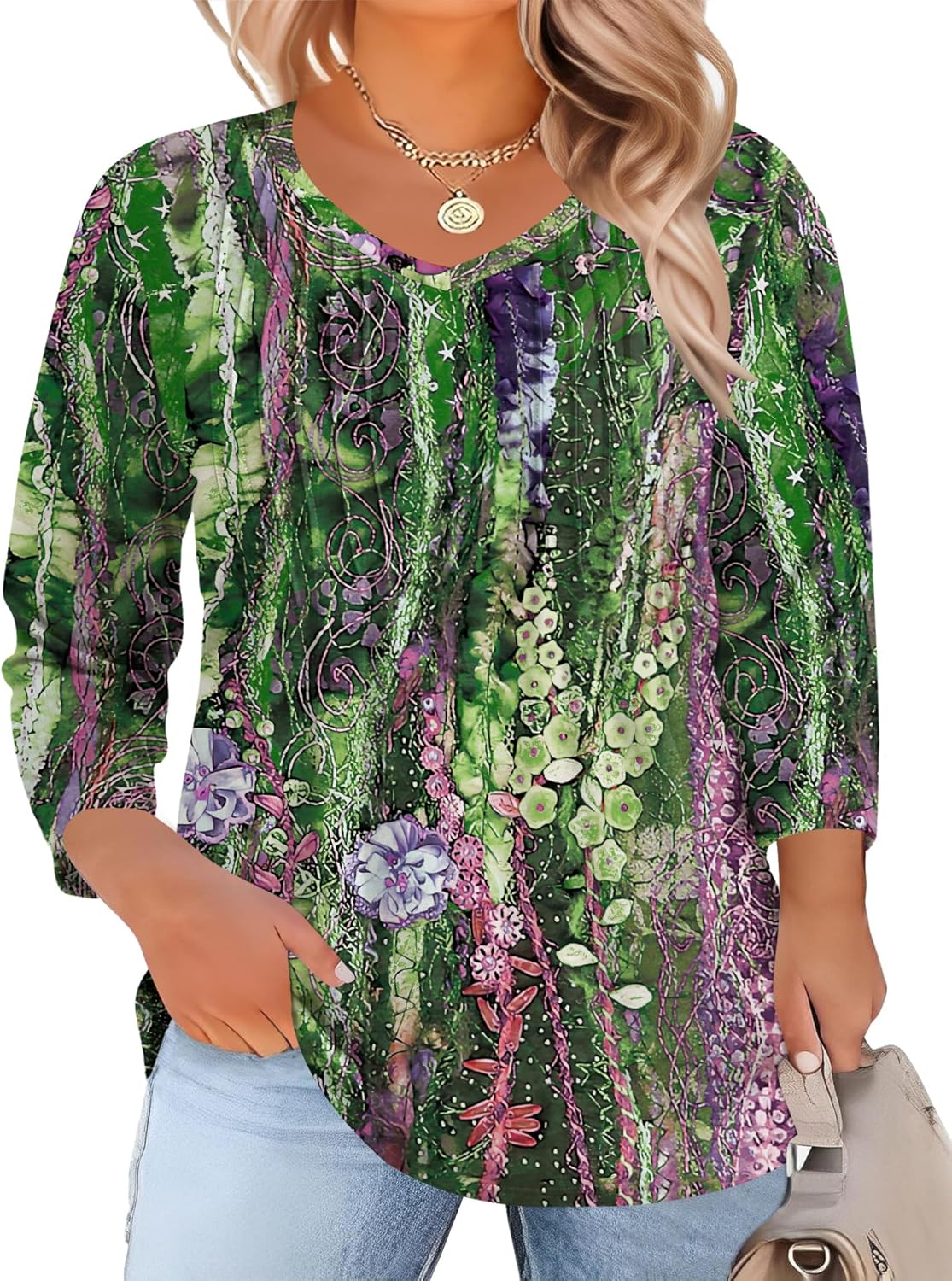 Romanstii Plus Size Tops for Women Womens 2026 Spring 3/4 Sleeve Blouses Dressy Casual V-Neck T-Shirts Pleated Tunic XL-5XL