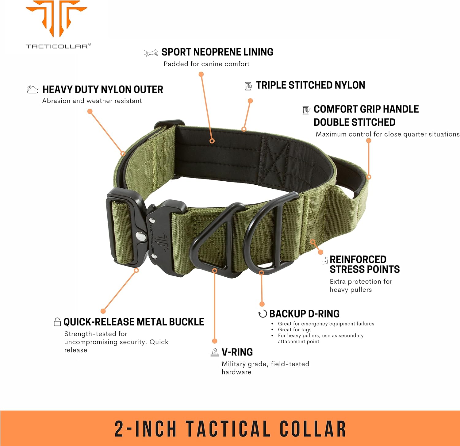Tacticollar - 2 inch Tactical Dog Collar with Handle for Medium and Large Dogs, Mil Spec Nylon Collar, Quick-Release Metal Buckle, Neoprene Padded Inside (Medium, Olive Green)