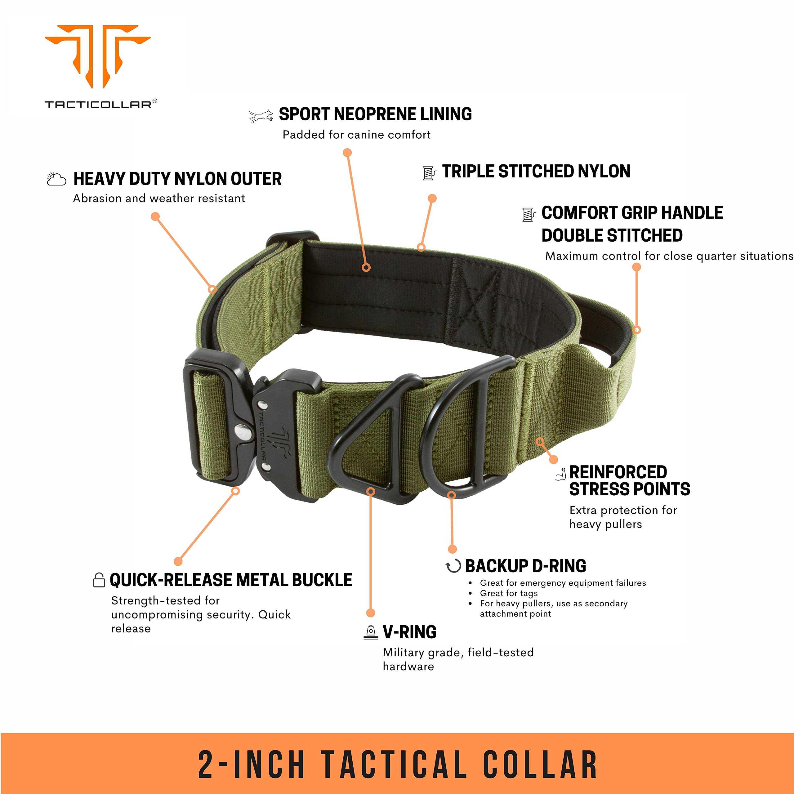 Tacticollar - Collare tattico per cani da 5 cm con manico per cani di taglia media e grande, collare in nylon Mil Spec, fibbia in metallo a sgancio rapido, imbottito all'interno in neoprene (M, verde