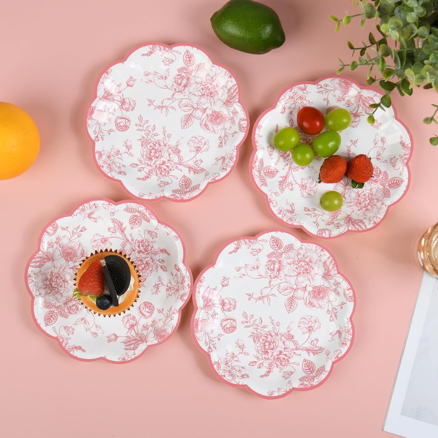 24 Pcs Pink Floral Party Plates Vintage Floral Leaf Disposable Paper Plates Wildflower Pink Toile 7" Small Scalloped Rim Dessert Plates for Valentines Birthday Bridal Tea Party Supplies - Image 6