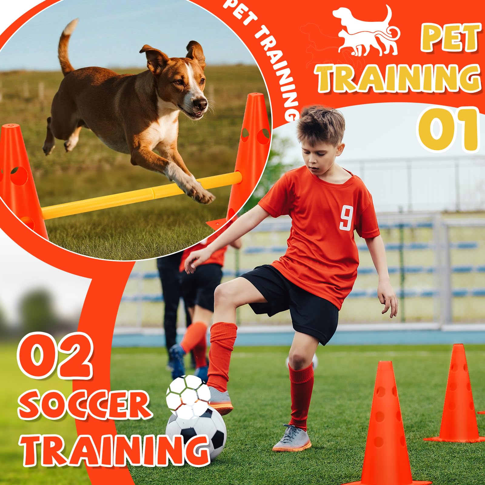 Agility Set per cani ostacoli per bambini, ostacoli per bambini, cani, parcour per saltare, cane Cavaletti, 8 coni 32 cm di altezza + 8 aste lunghe 80 cm, per esercizi di allenamento