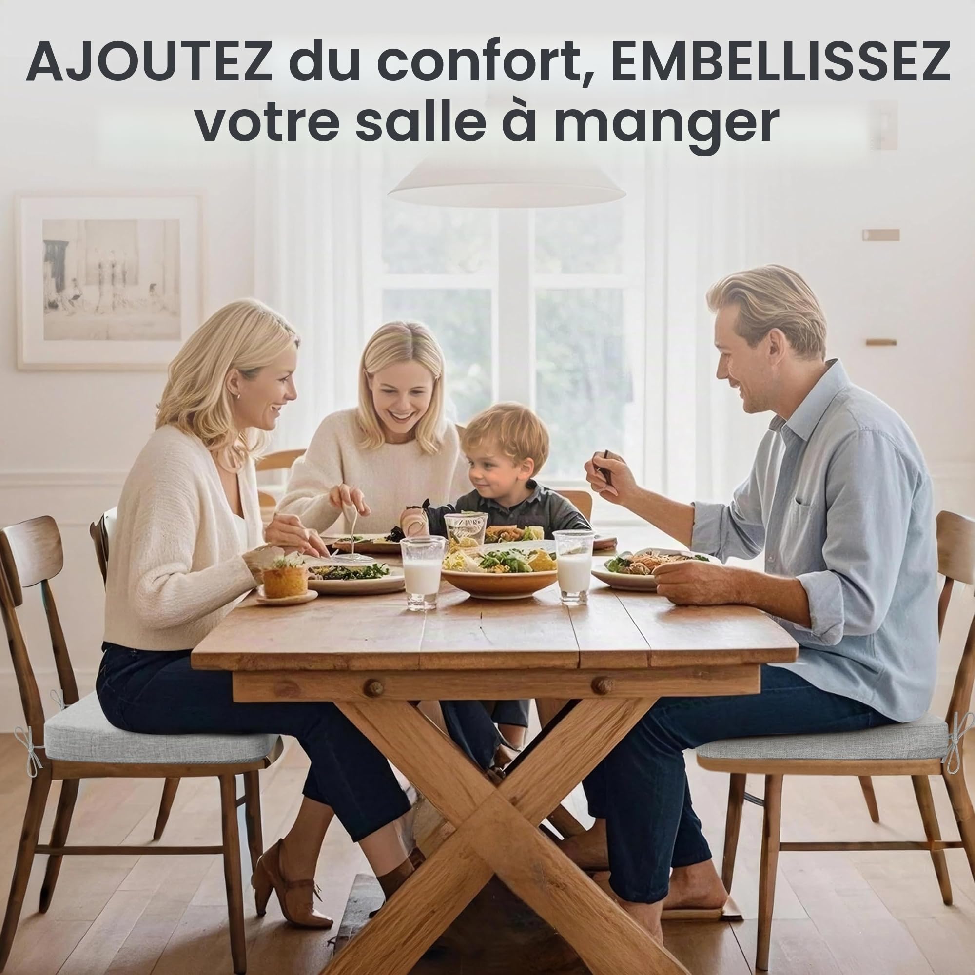 AddGrace Lot de 6 coussins de chaise carrés épais antidérapants pour chaises de salle à manger avec attaches et housse amovible Gris clair 40 x 40 x 5 cm