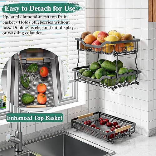 Miniatura 4 de OKZEST Cesta de frutas de 2 niveles para cocina con colgador de plátano, cuenco de almacenamiento de frutas, soporte de plátano para encimera de