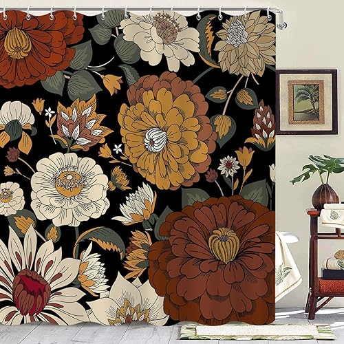 GCIREC Cortina de ducha con diseño floral bohemio, abstracto, retro, botánico, de mediados de siglo, moderna, para decoración del hogar, tela
