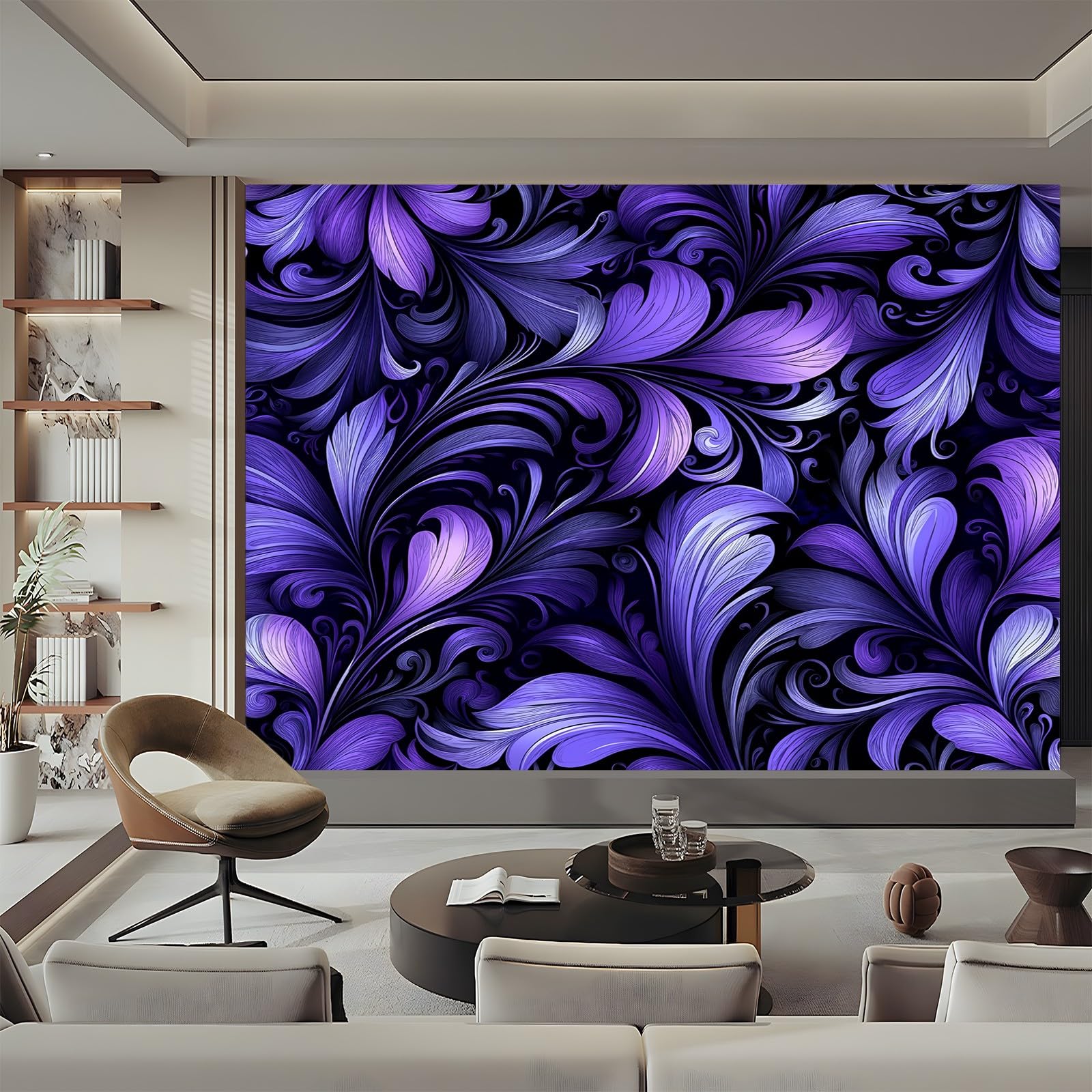 Tapeta abstrakcyjna Pióra Wzór Fioletowy Czarny 300 x 210 cm (szer. x wys.), Fototapety 3D Tapety Tapety Włóknina Dekoracja ścienna Nowoczesne Fototapety