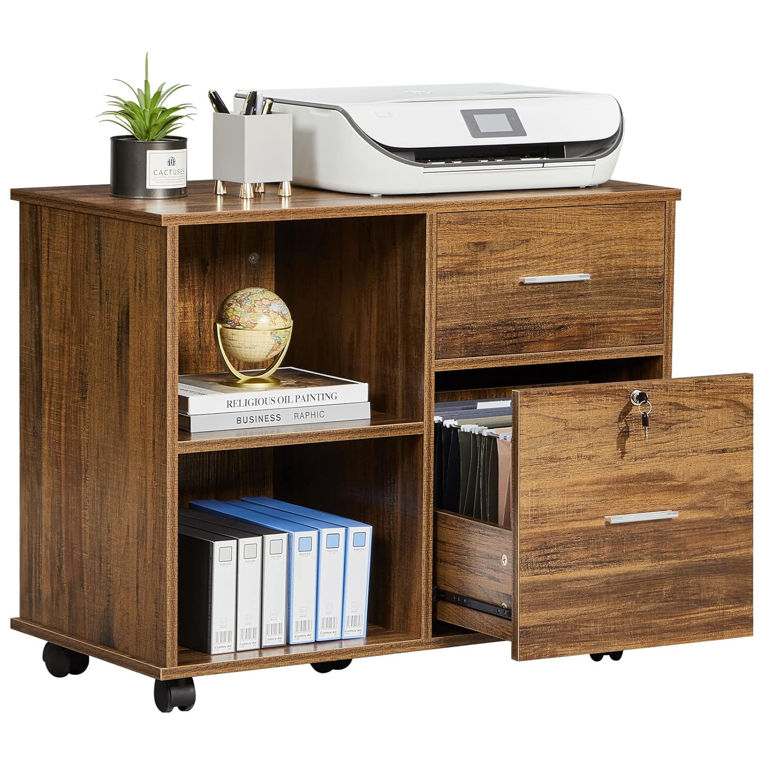 GreenForest Wood File with 2 Drawers, Printer Stand Mobile