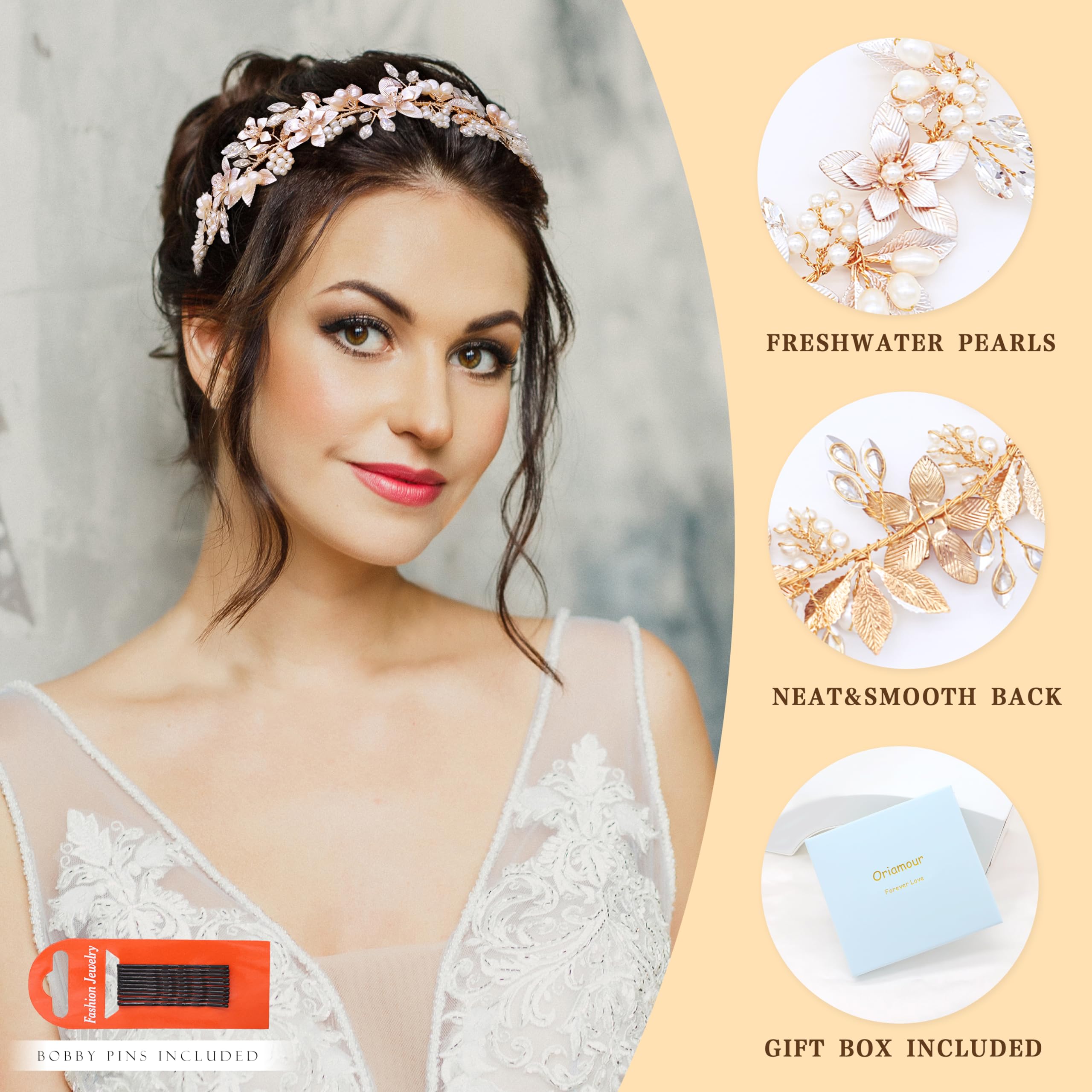 Oriamour Hochzeit Stirnband Brautschmuck Kopfschmuck Blume mit echten Süßwasserperlen und Schleifen Haarschmuck für Braut