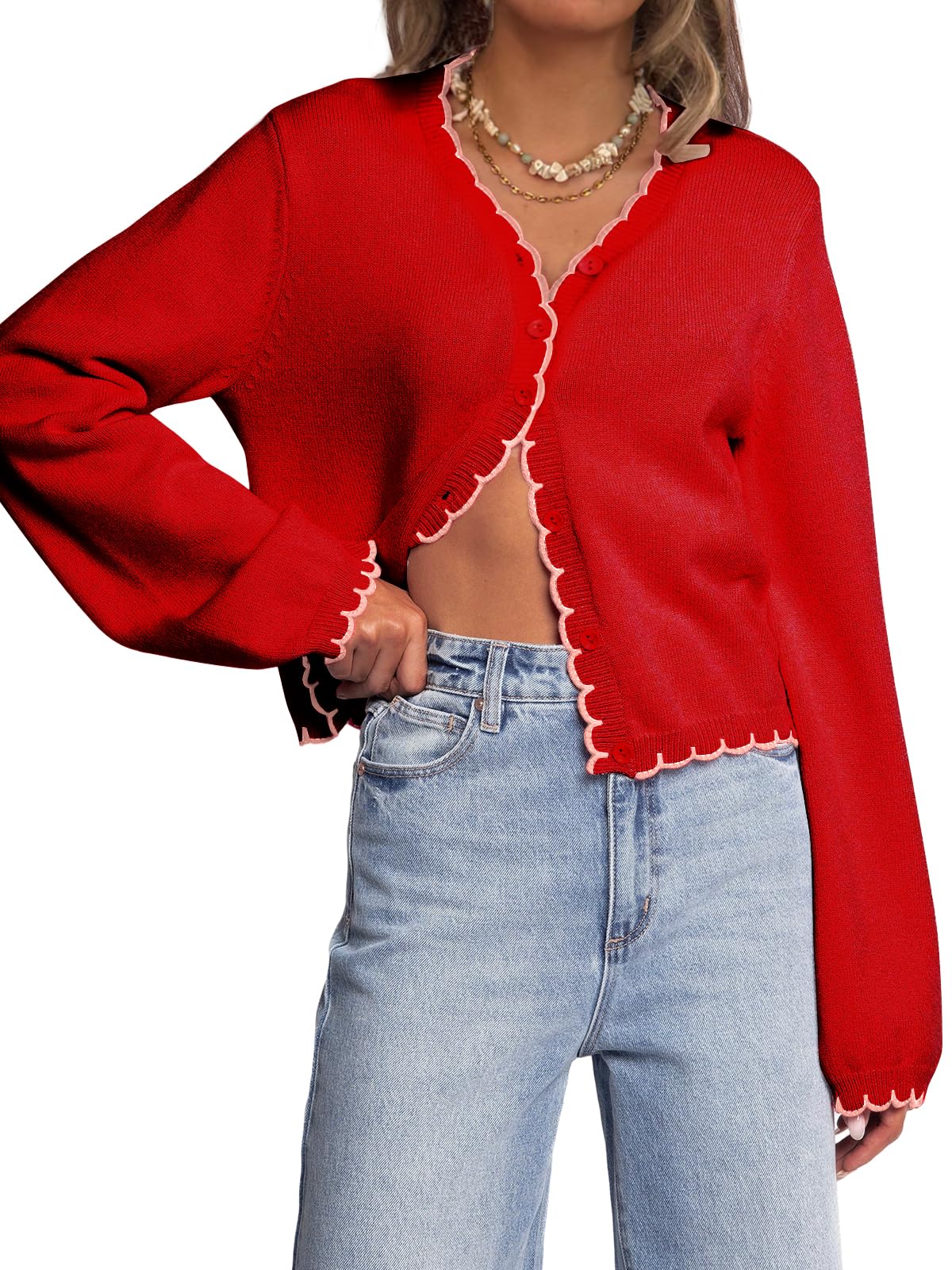 Women Long Sleeve Cardigan Button Down Knit Jackets Open Front Cropped Contrast Color Trim Sweaters Fall Winter