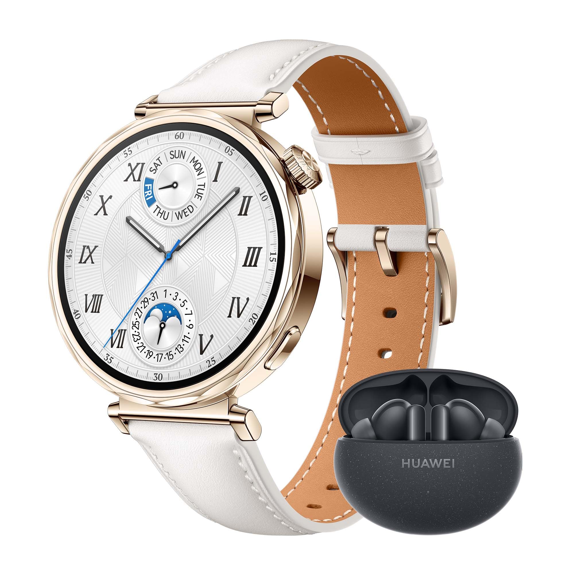 HUAWEI WATCH GT 5 41mm Smartwatch,Design elegante, Nuova modalità corsa e ciclismo, Monitoraggio della salute, 7 giorni1 di durata della batteria, iOS e Android, Bianca + FreeBuds 5i Nero