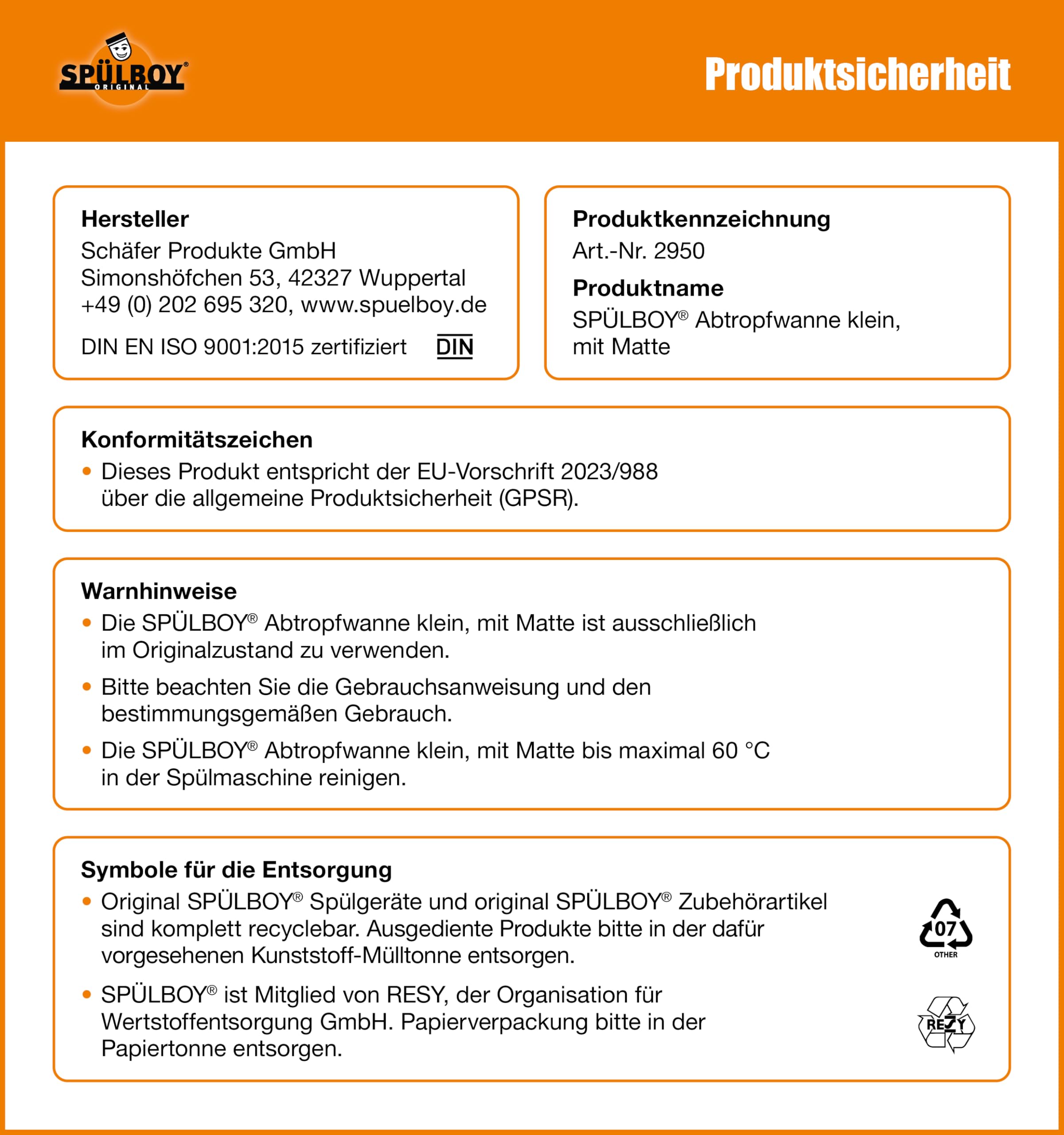 SPÜLBOY® Abtropfwanne mit Matte aus Kunstoff, 43 x 33 cm, Gläserabtropfwanne, Geschirrabtropfwanne