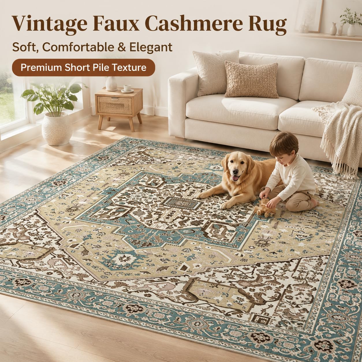 Vintage Teppich Wohnzimmer Waschbarer - Orientalisches Ethno Stil, Weicher Retro Kurzflor Teppiche, Rutschfest & Faltbar, Pflegeleicht für Schlafzimmer, Flur & Esszimmer Büro, 200x300 cm, A2